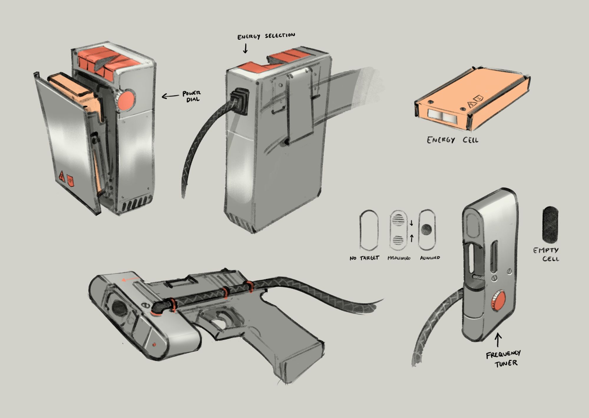 Detailed sketches of a device resembling a walkman and an attachment to a handgun.