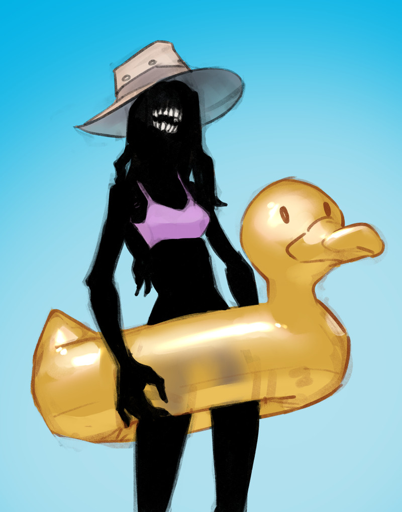 A sketch of a girl made of black void in a swimsuit and a hat holding onto a rubber duckie inner tube around her waist.