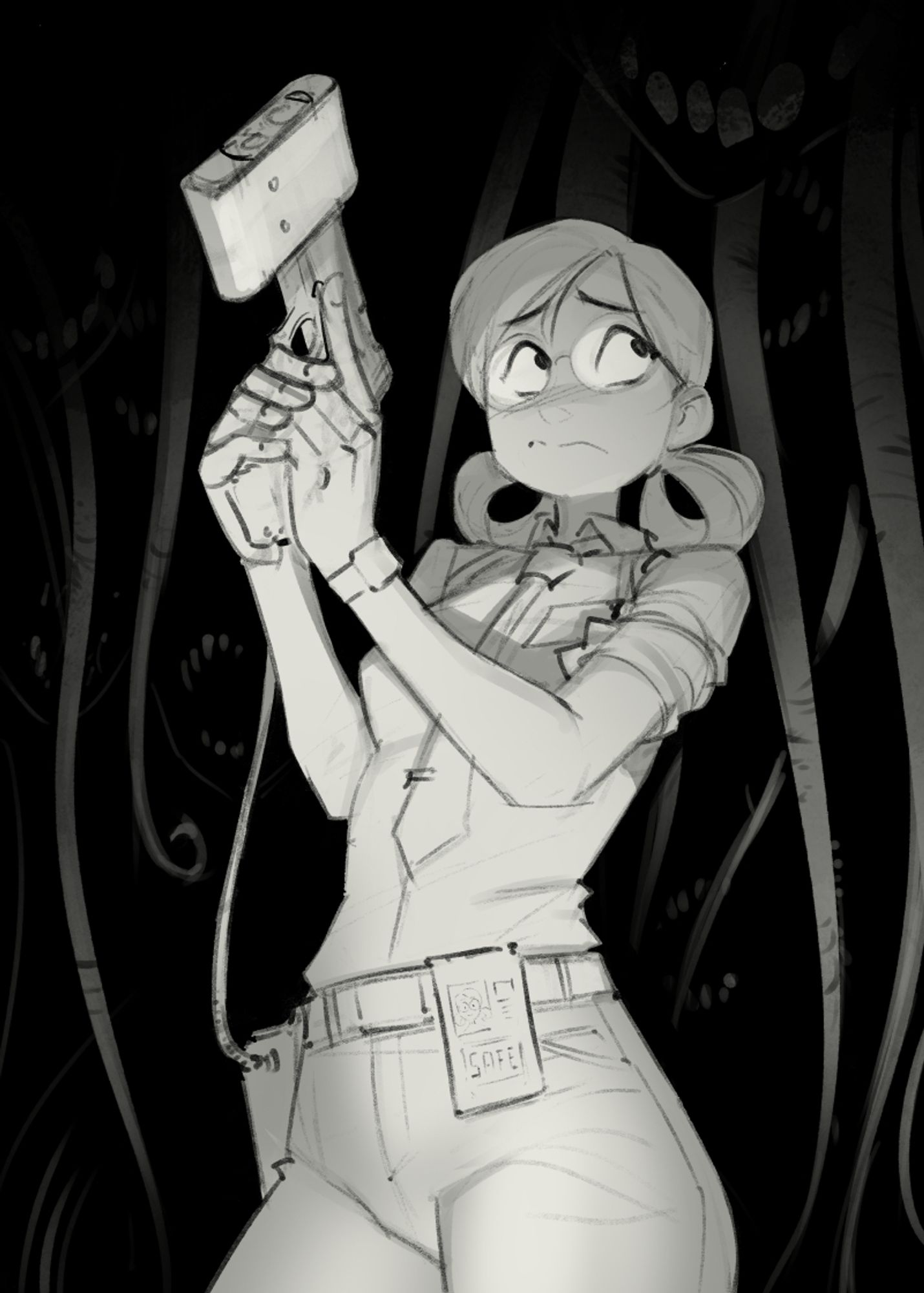 Black and white sketch of a woman with glasses and loopy pig tails holding a gun as tendrils and teeth sneak in the shadows behind her.