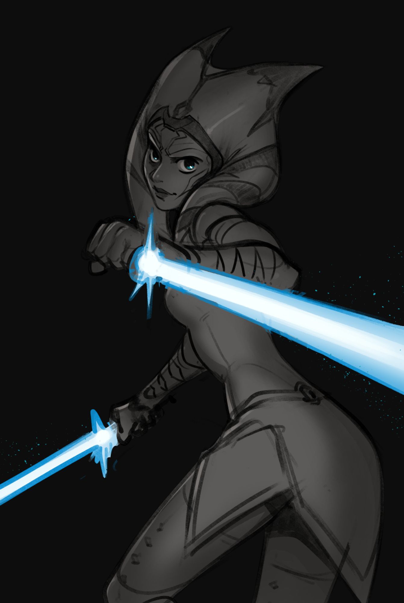 Black and white sketch of Ashoka Tano wielding two blue white lightsabers.