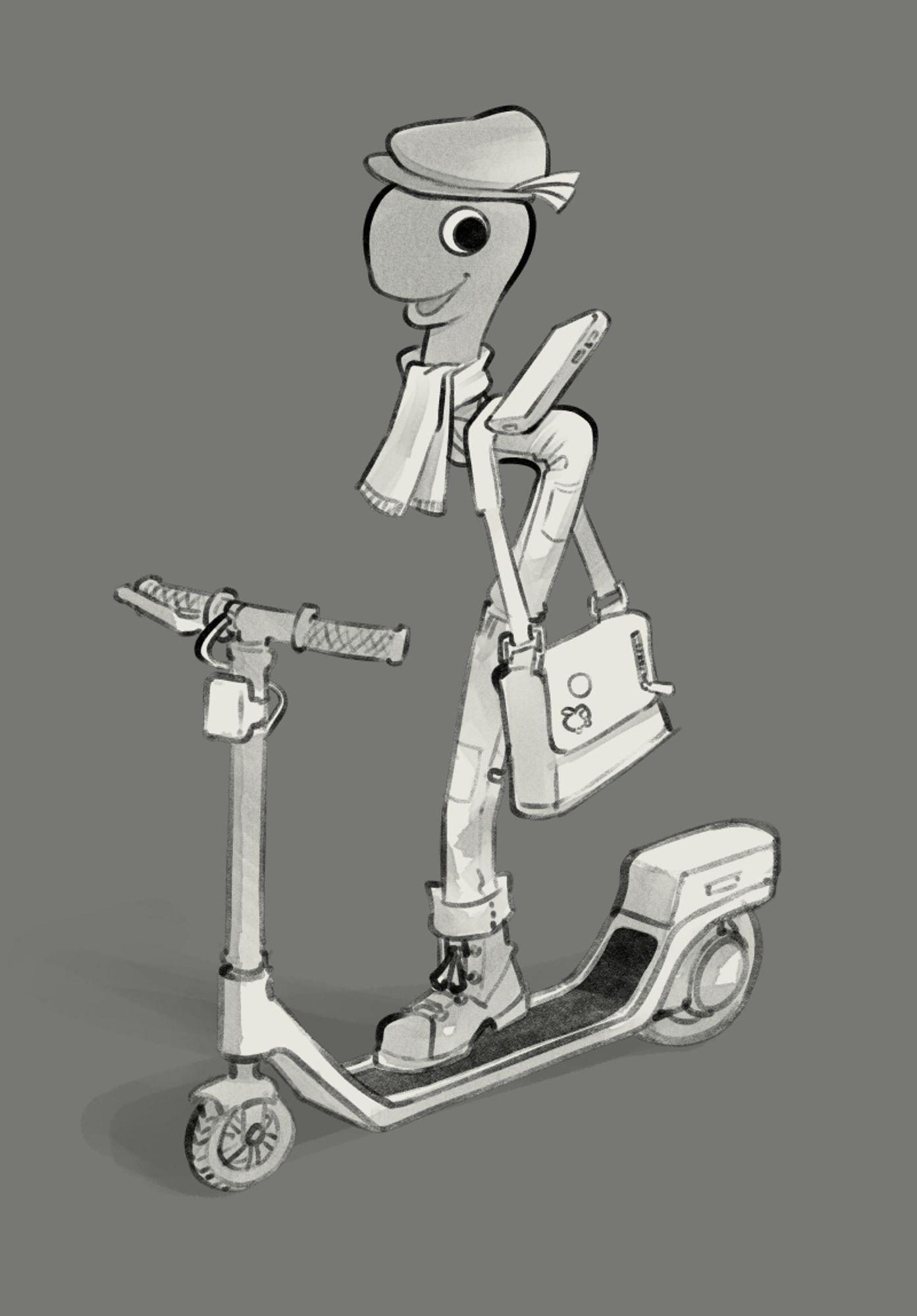 Lowly Worm, wearing modern clothes on a scooter, in the style of Richard Scarry's "Busy World"