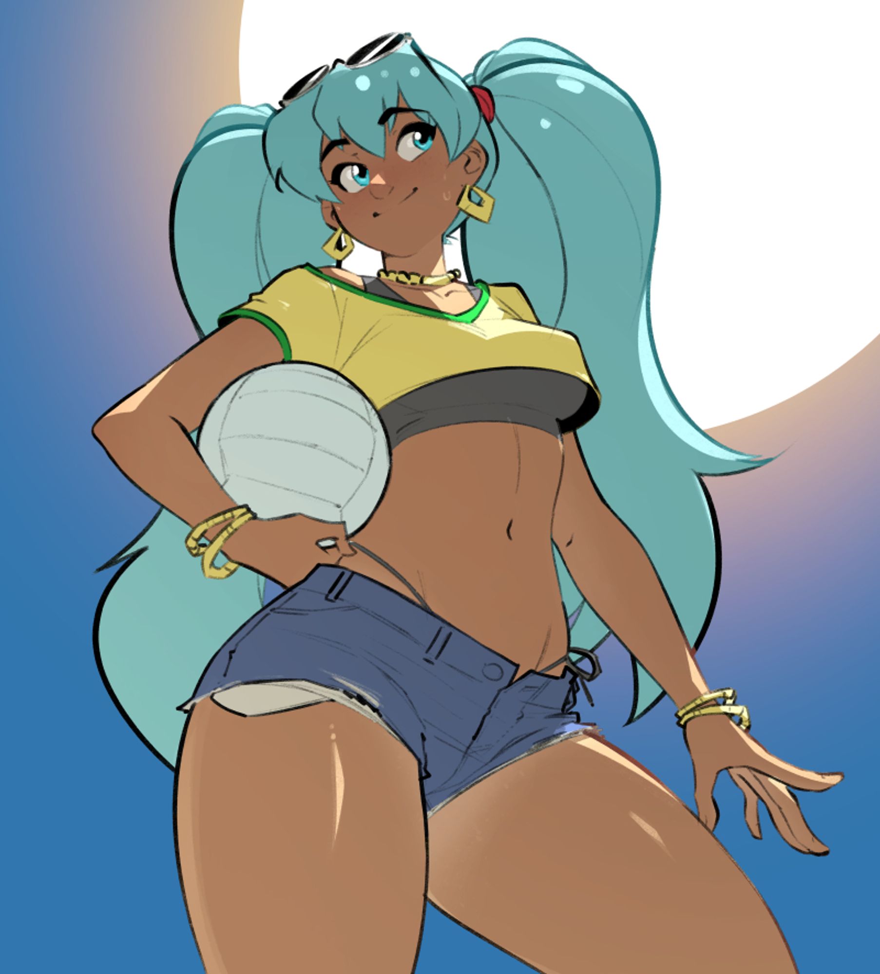 Pinup sketch of "Brazilian Hatsune Miku" carrying a volleyball.