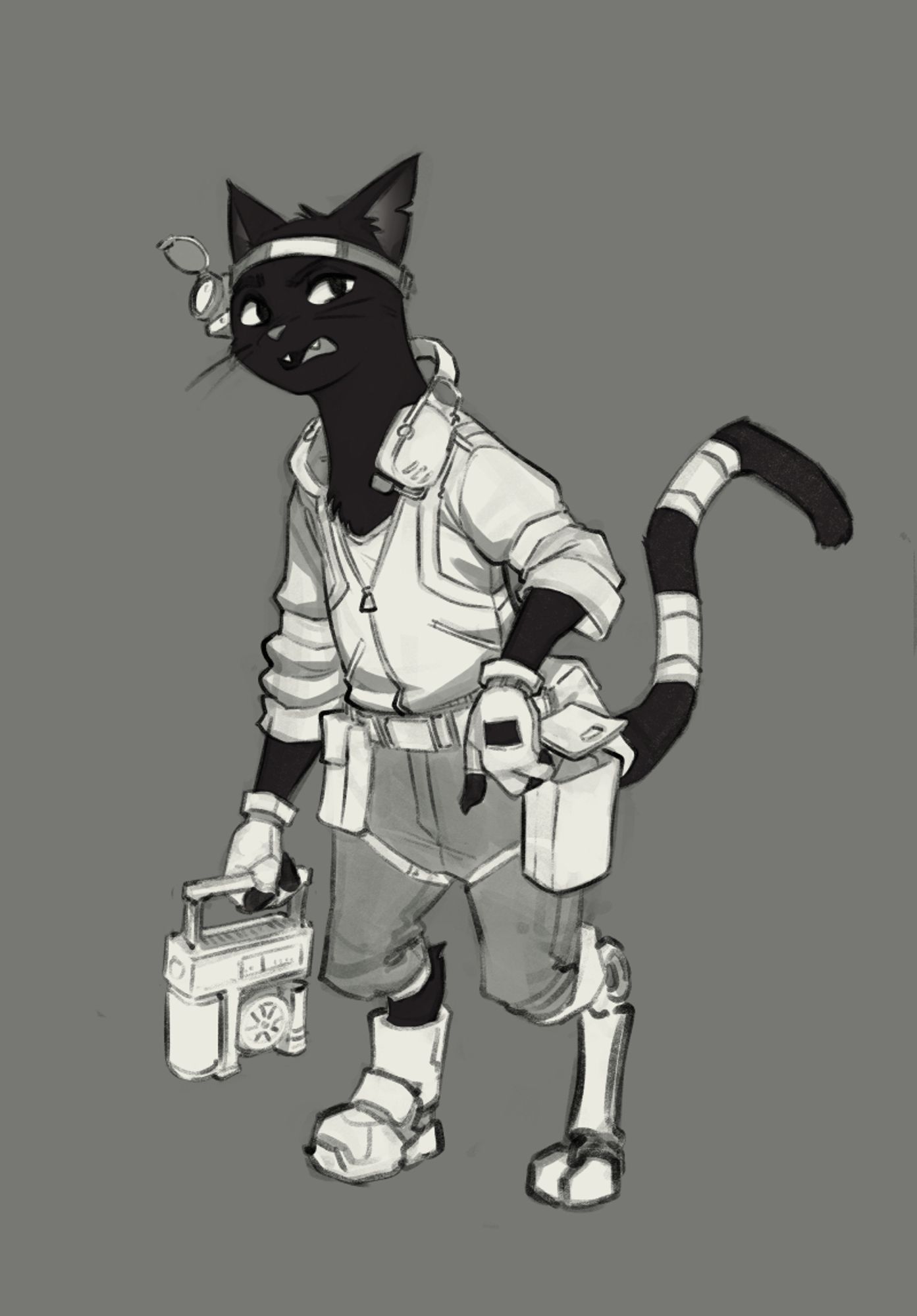 Black and white sketch of a bipedal cat wearing engineering clothes.