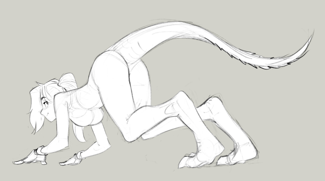 A girl with dinosaur legs and a tail is ready to sprint
