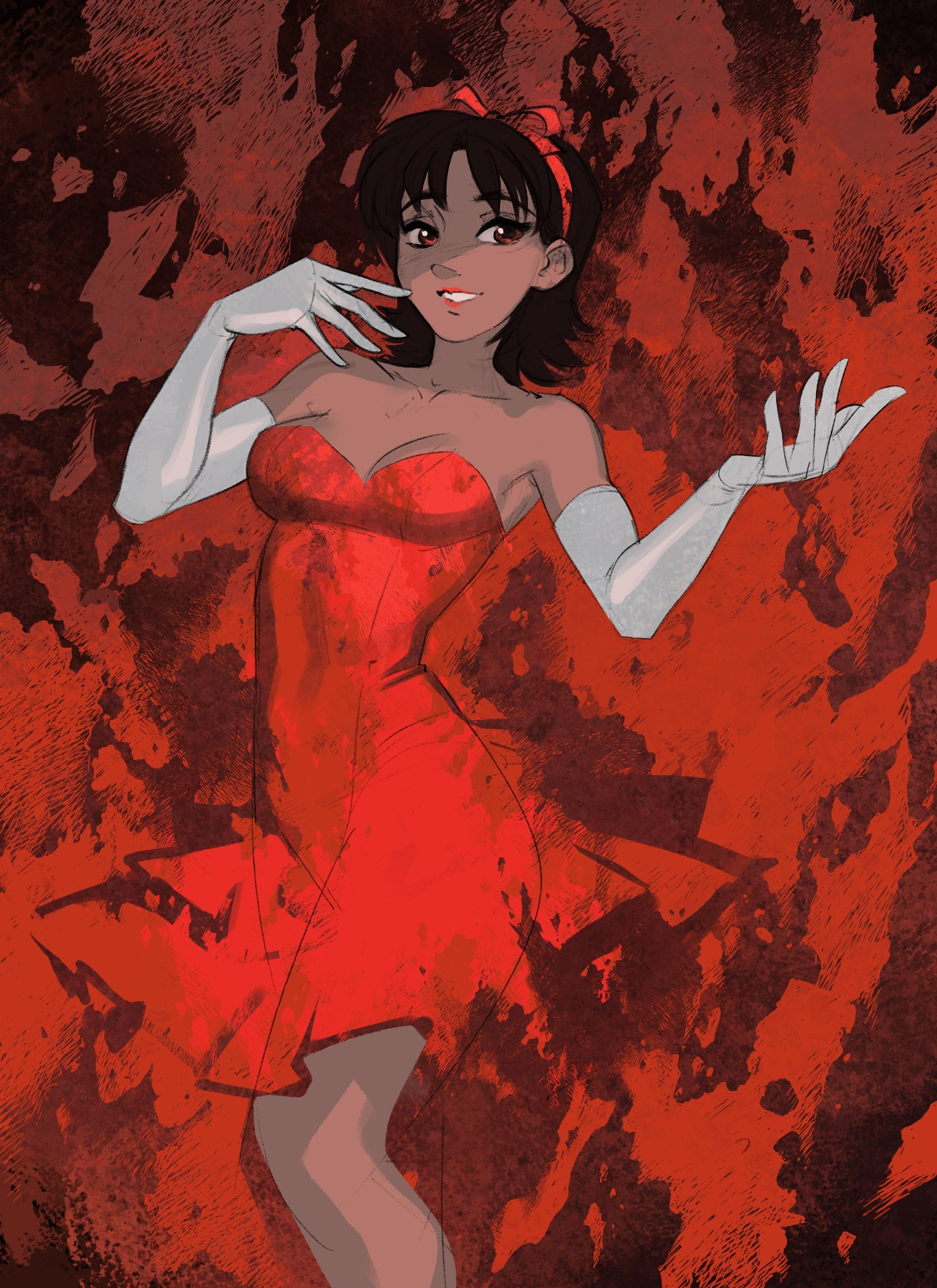 Illustration of Mima from perfect Blue in a red dress which blends into a blood red background.