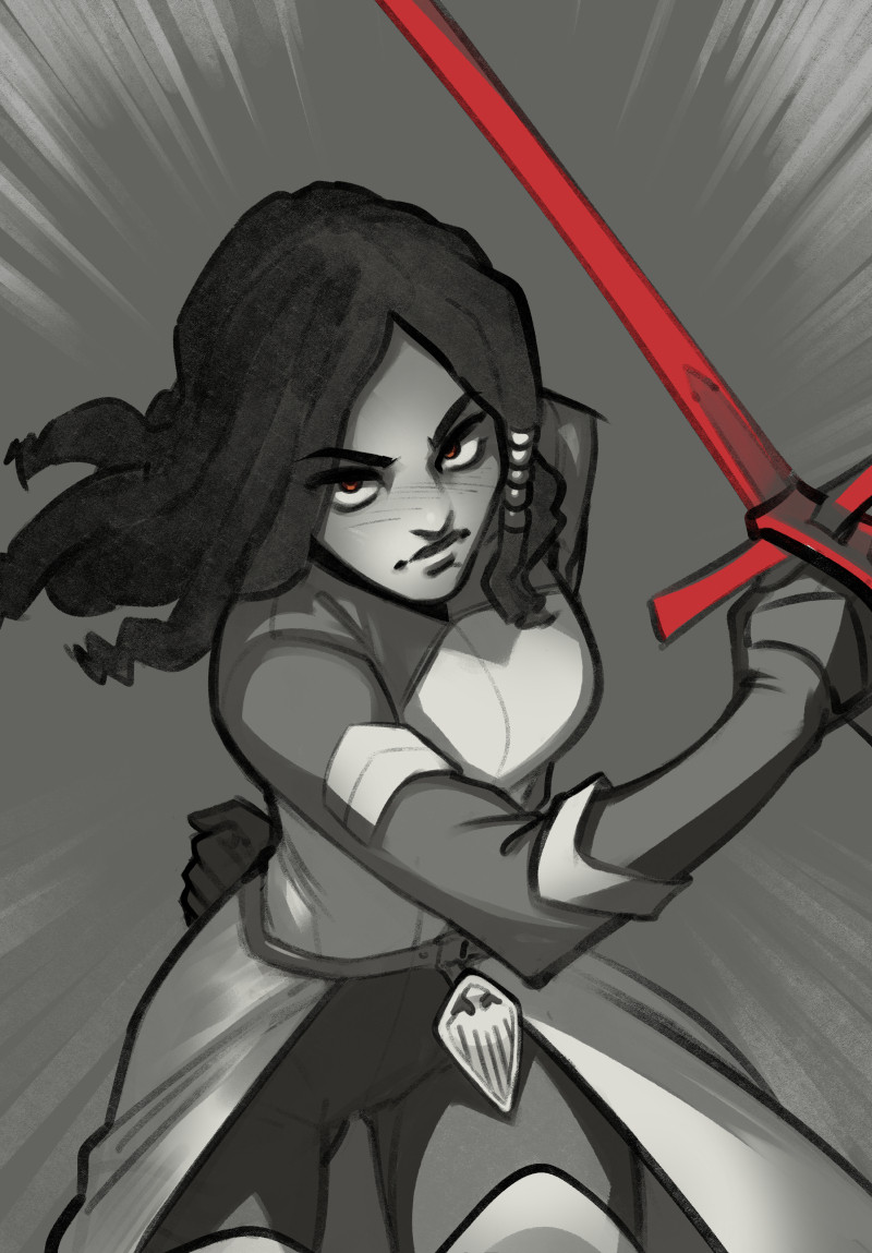 Illustration of a woman coming at the viewer with a bright red sword