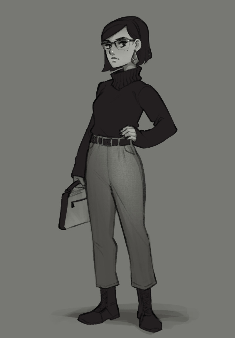 black and white sketch of a woman in a turtleneck.