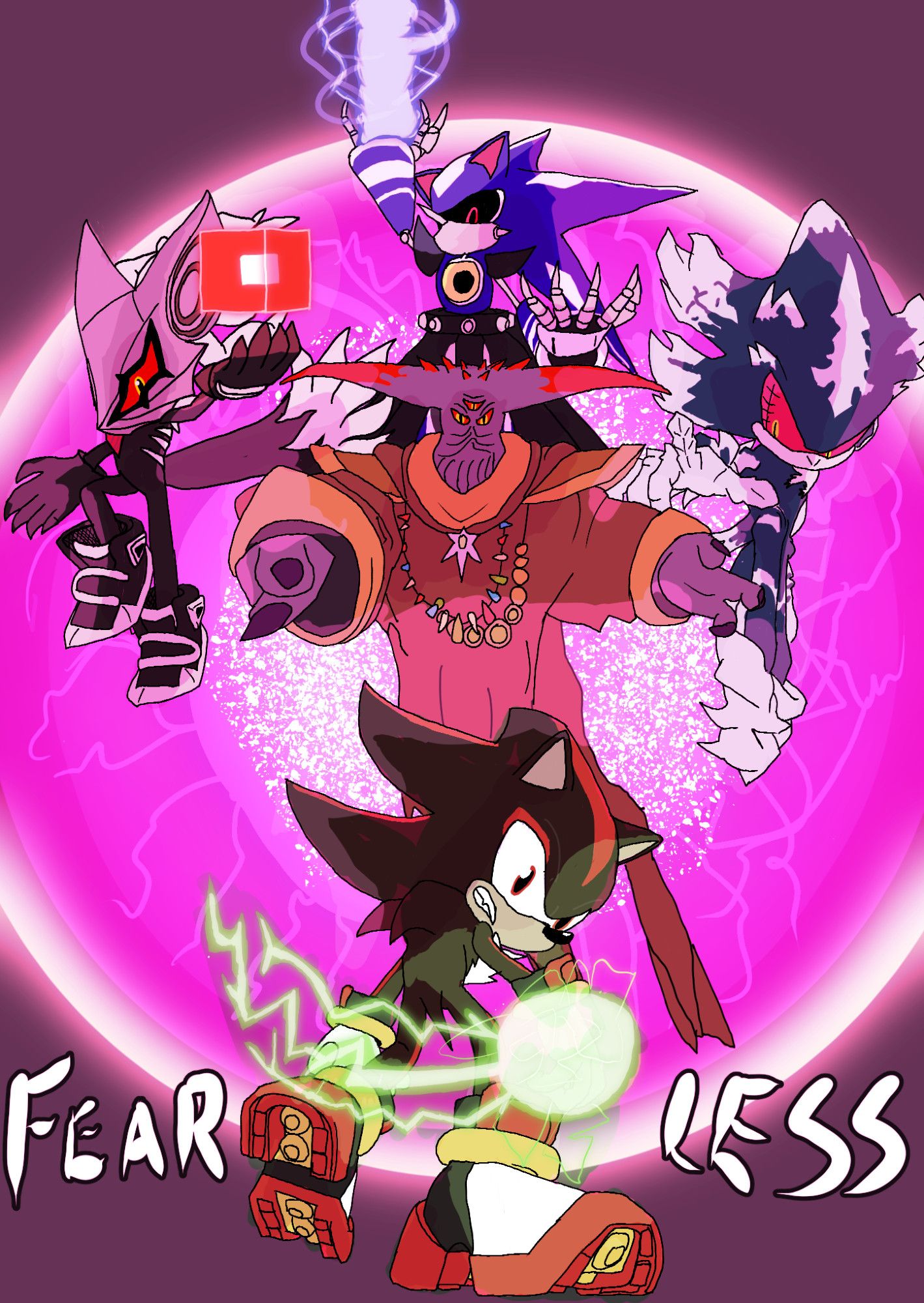 A drawn picture of Shadow the Hedgehog staring at Chaos Energy in his hand. Looming above him are Black Doom, Mephiles the Dark, Infinite the Jackal, and Neo Metal Sonic. The word "Fearless" surrounds Shadow as he prepares to fight, like he always has.