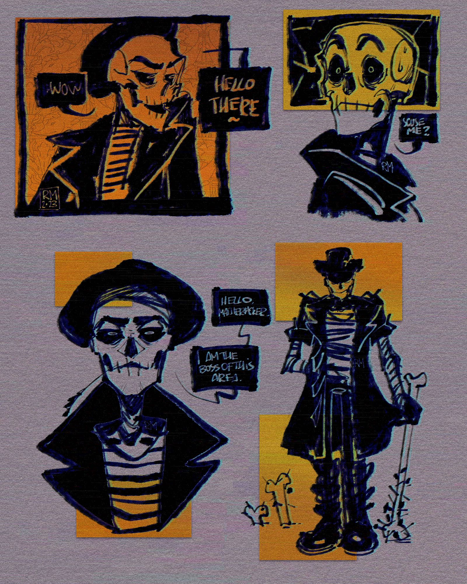 Four doodles of a skeleton, three of them are in hat, one of them is full height, wearing striped shirt, black cloak, pants, black boots and he’s holding a bone with nails in it as his attack.