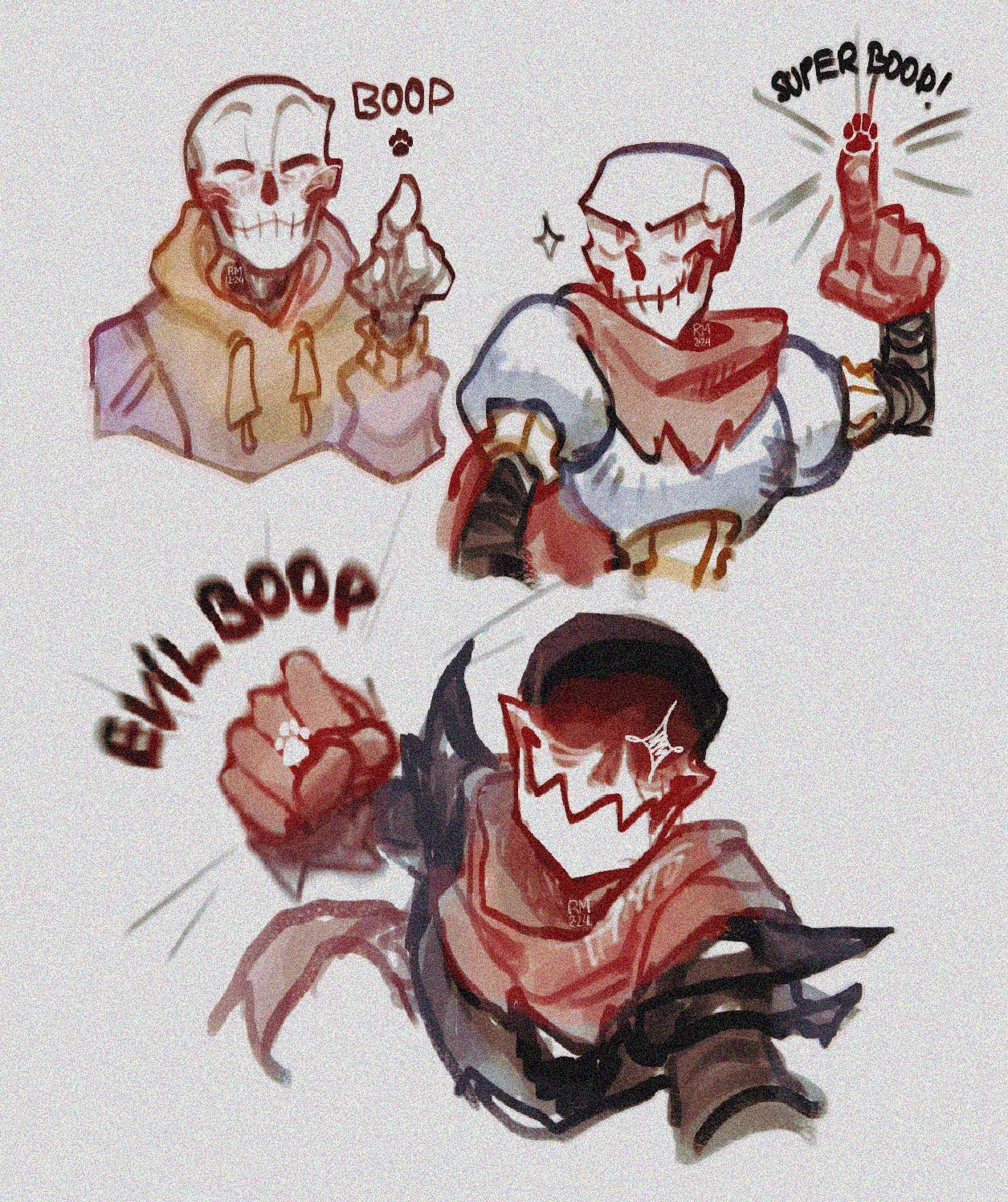 Skeleton characters referencing a boop activity, some by pointing a finger and some by literally preparing to punch. Three characters.