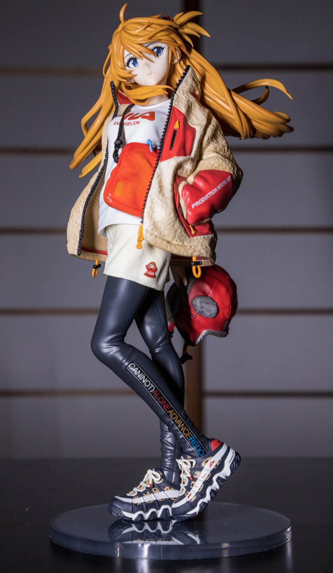 Asuka from the 1995 cult classic Neon Genesis Evangelion created by  Hideaki Anno excepct asuka is fucking dripped out her fucking mind she ballin wit the sneakers and omg is that the limited edition asuka FILA shirt that is super rare holy shit its drip or die shinji