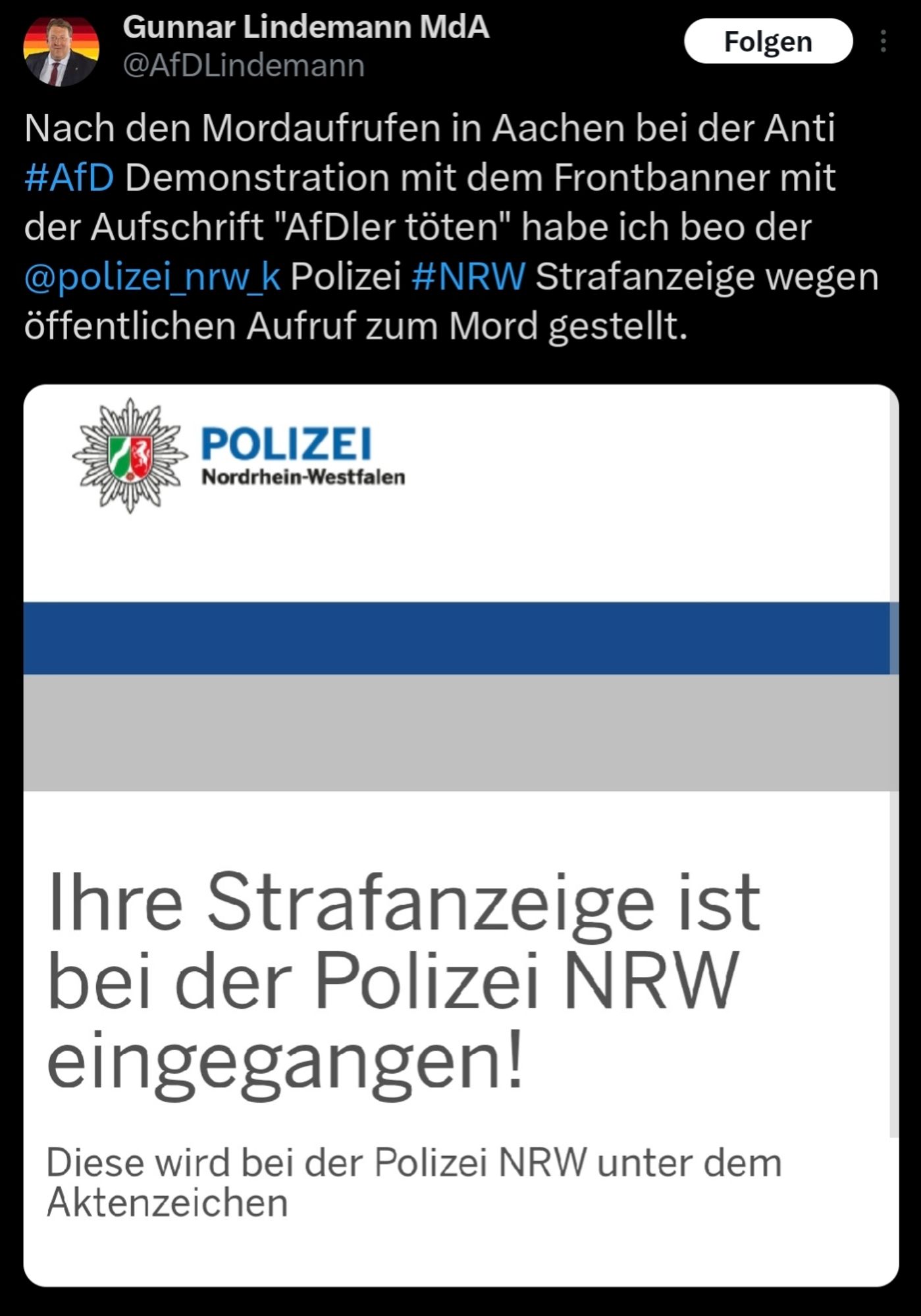 Screenshot von einem Post auf X vom MdA Gunnar Lindemann, dass er wegen eines Plakats mit der Aufschrift "Nazis töten" (ohne Ausrufezeichen) Anzeige wegen "öffentlichem Aufruf zum Mord" gestellt hat