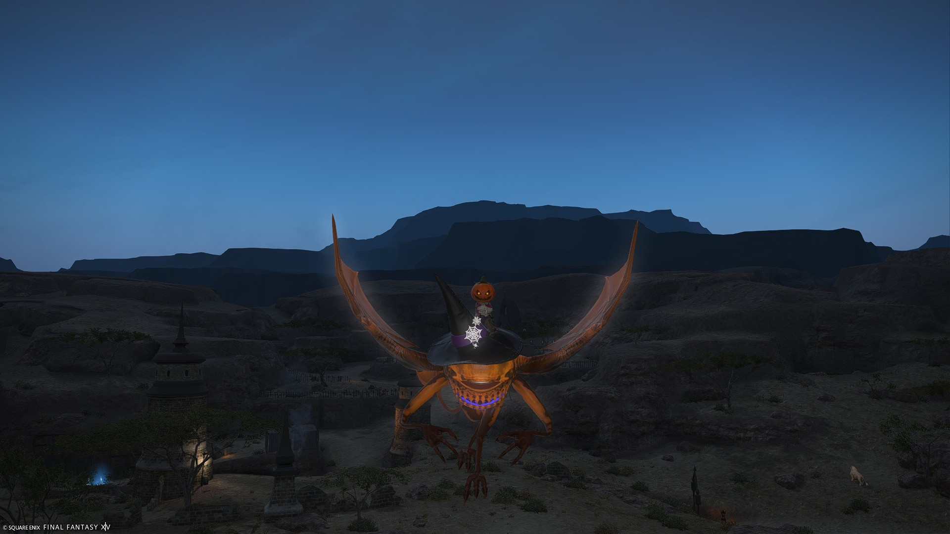 A lalafell with a pumpkin on his head riding a Ahriman mount from the FFXIV online store