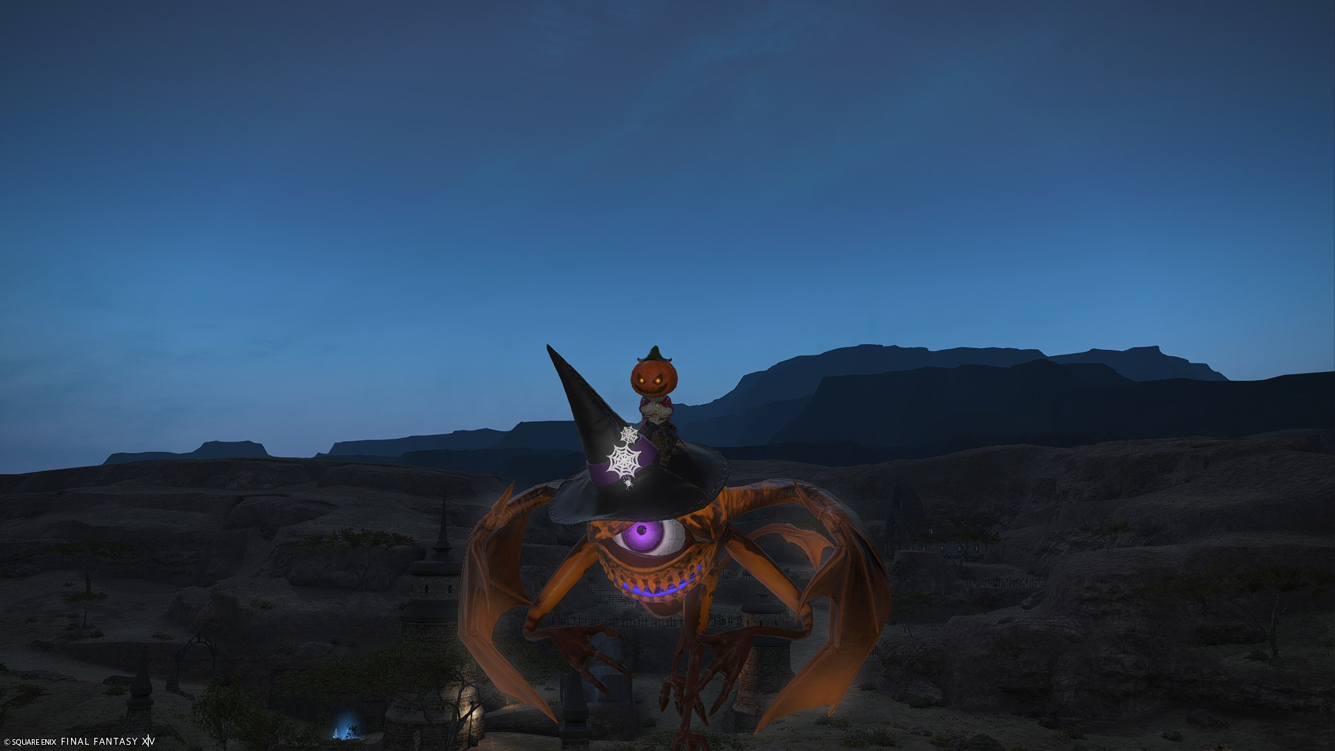 Close-up of A lalafell with a pumpkin on his head riding a Ahriman mount from the FFXIV online store