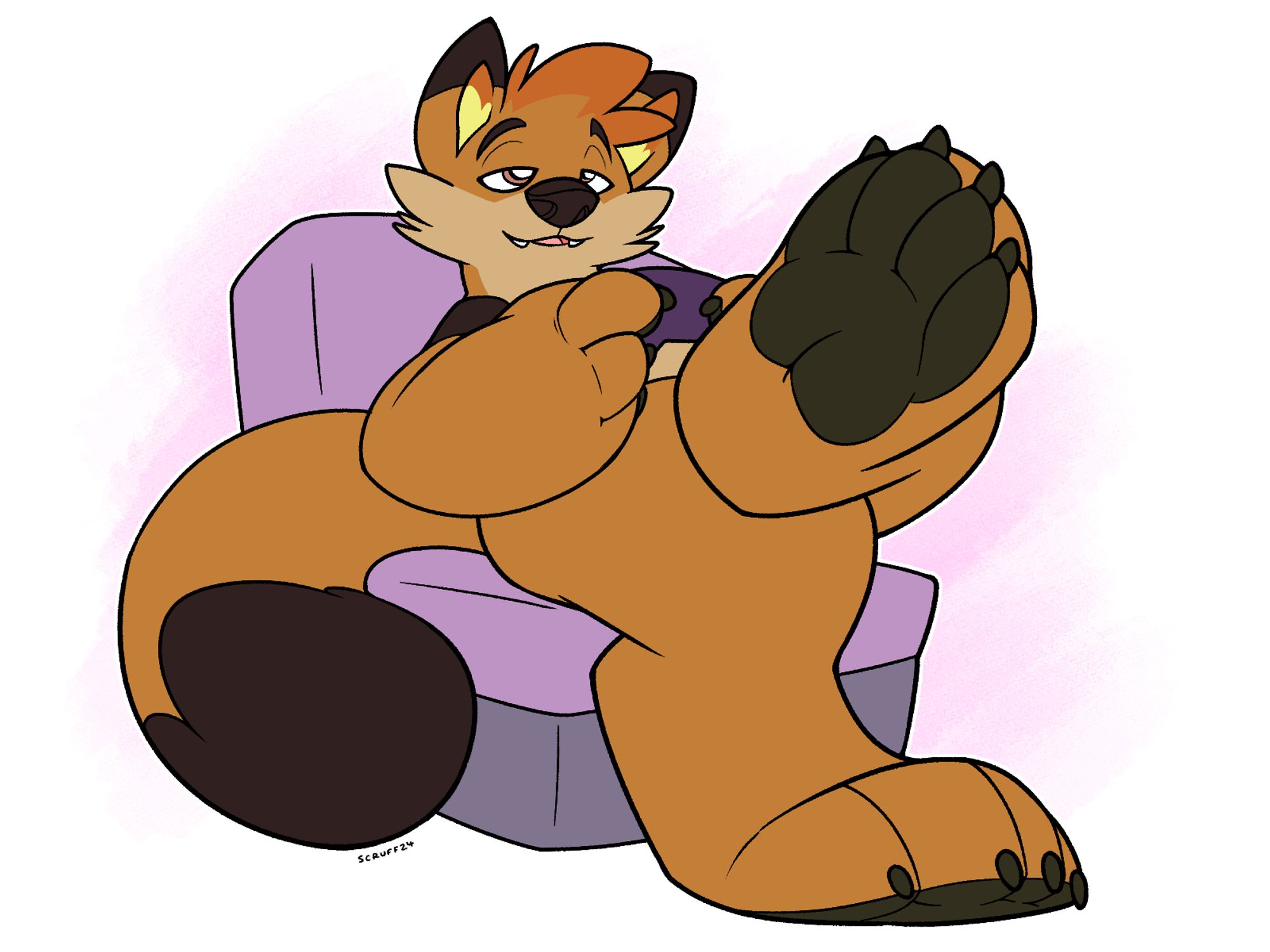 Kay is sitting back on a comfy chair, with one leg propped up on the other and the footpaw raised up, facing the camera. He's relaxed and looks fairly chill while playing something on a game controller.