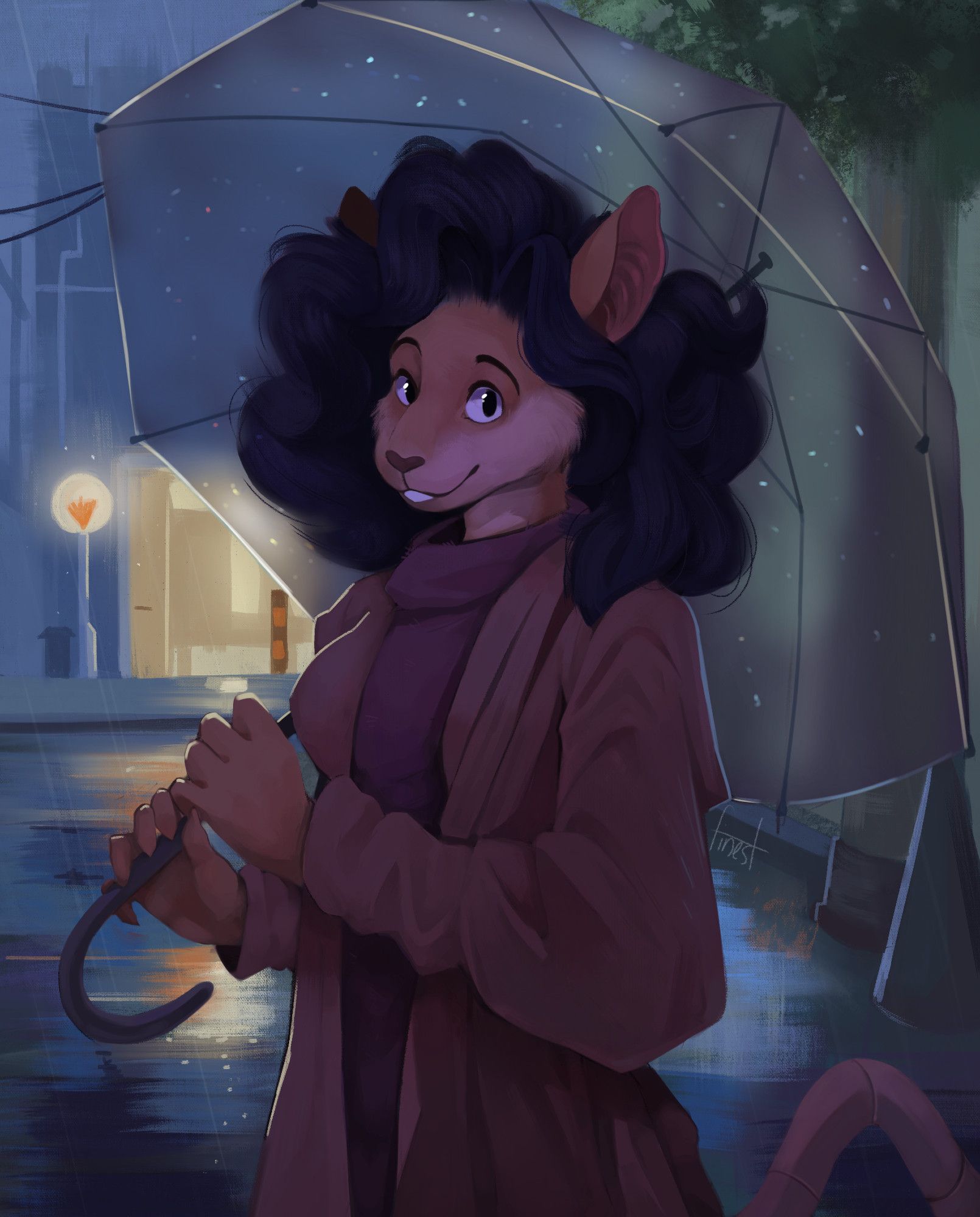 Mouse lady with brown fur and long black hear wearing a brown coat and a red sweater smiling towards the viewer while holding a clear umbrella at night while it's raining.