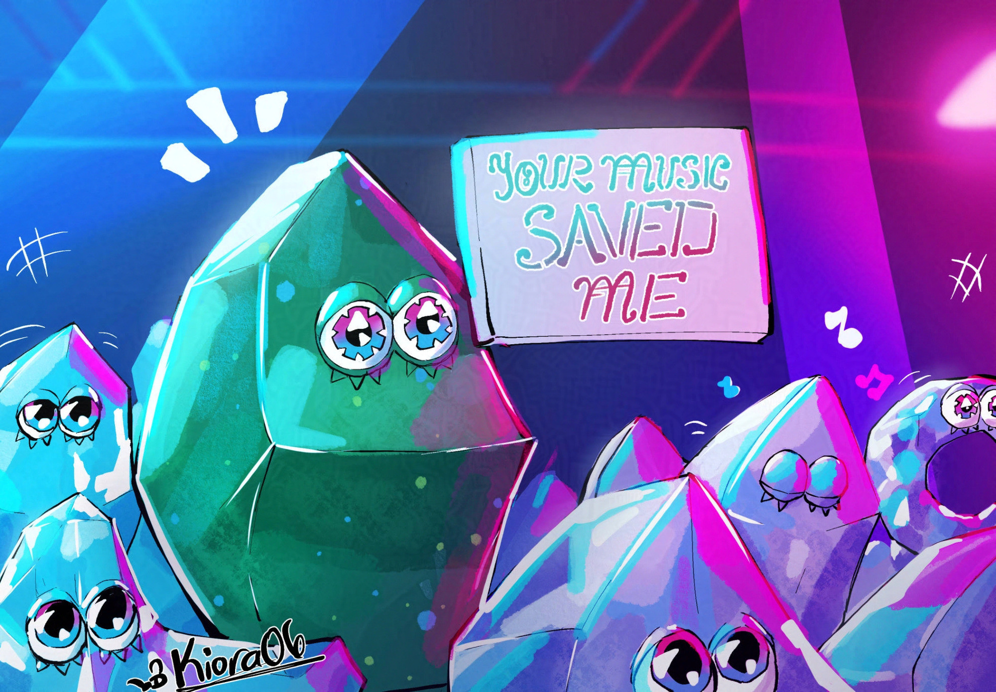 A Fractone (from Donkey Kong Bananza) holding a sign saying "your music saved me" as a reference to a meme.