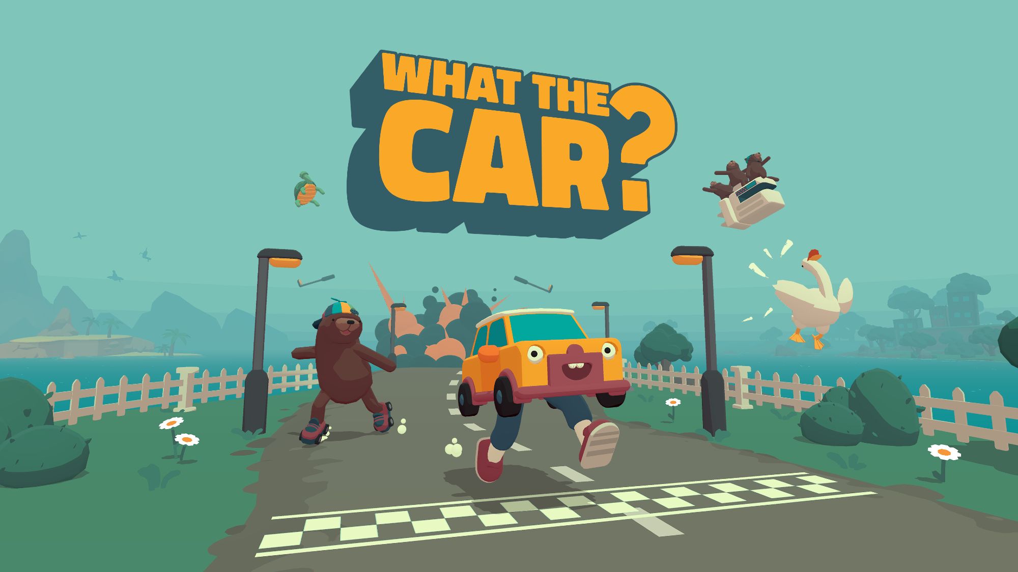 Cover art for the Game What The Car? On the picture is a car with legs and eyes instead of headlights mad in silly cartoon style.