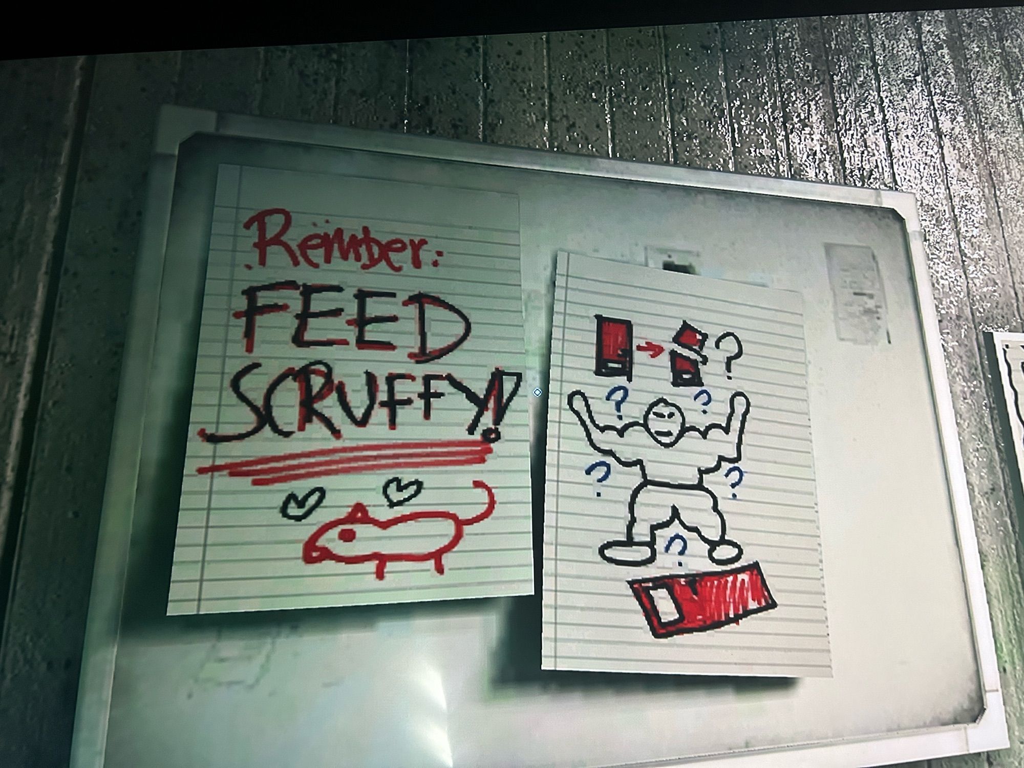 Off screen photo of a bulletin board in Mirror’s 
Edge, with two papers on it one says remember feed scruffy with acute little drawing of a rat in the other one is a crew drawing of a man confused about a door