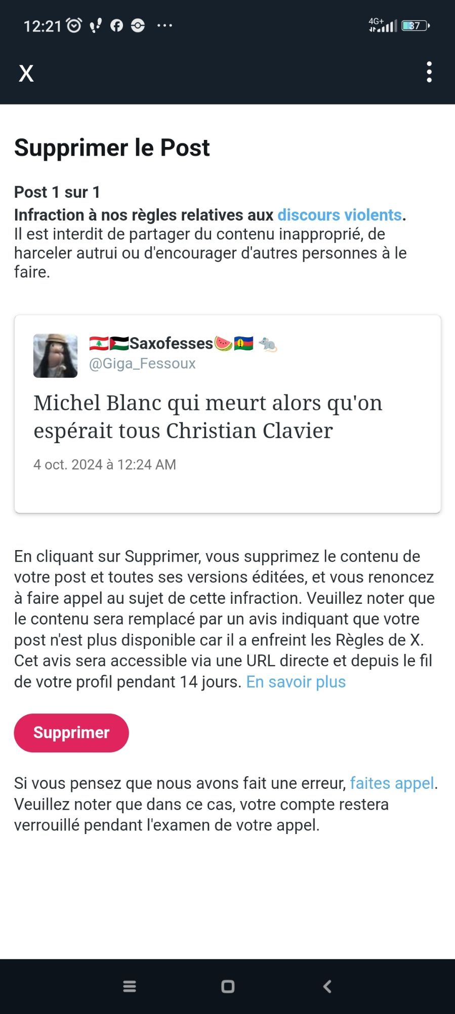 Capture d'écran de twitter qui me signifie la restriction de mon compte pour avoir déplorer la persistance de Christian Clavier