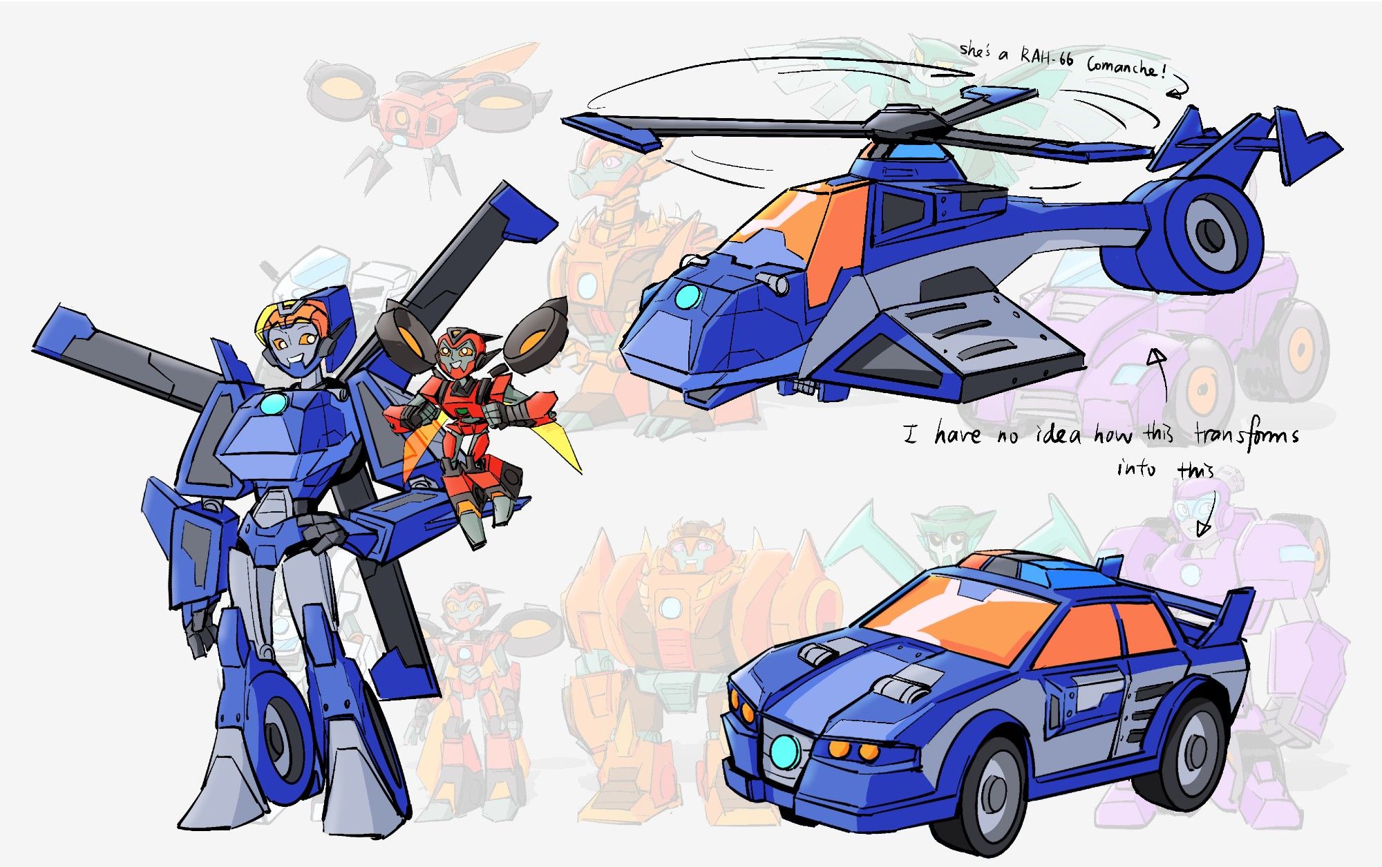 A design of grown up Whirl with the background being a half-transparent layer of the Rescue Terrans design. According to the scaling, Whirl is about twice the height of Thrash. Even Hashtag only reaches her waist. Her design is very similar to her RBA design, except that she now has a ponytail and an orange visor pulled up to the top of her head. She is proudly look at a very enthusiastic Twitch flying at the height of her upper arm. The design also shows her alt modes - a helicopter (RAH-66 Comanche) and a police car. I have no idea how the helicopter transforms into a police car.