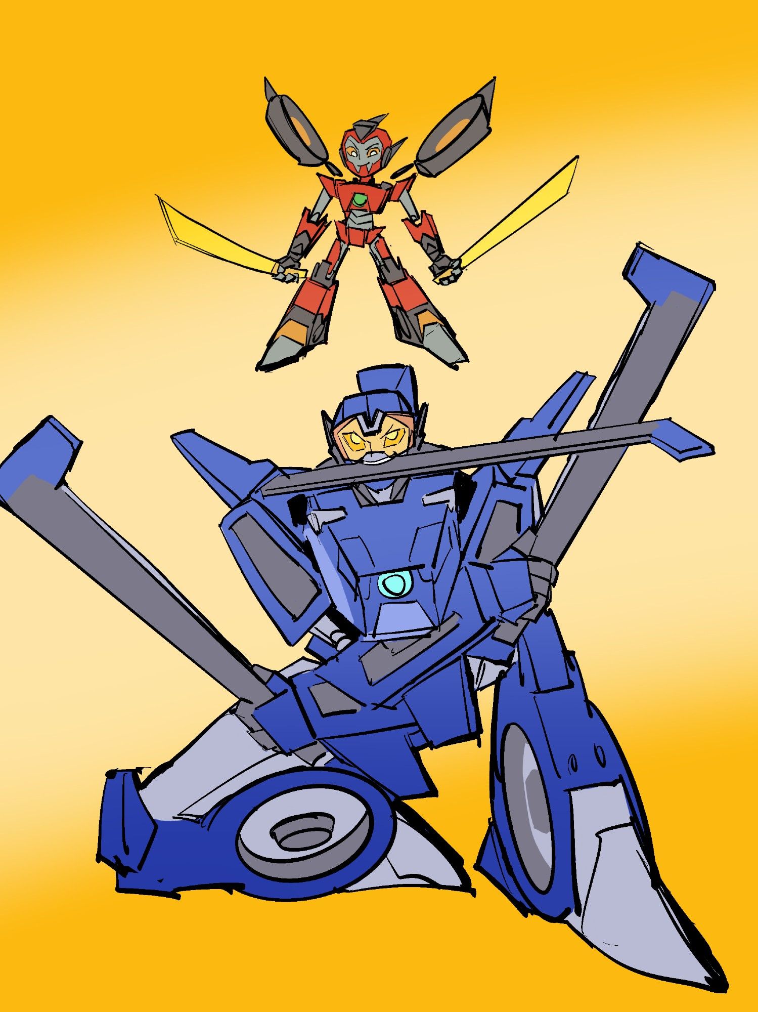 Whirl being trained to sword fight by Twitch - in three sword style (because she has 3 helicopter blades). Bright yellow background. Whirl lunges the front with her arms crossed, each holding one blade, and the third one in her mouth. Twitch flyers proudly above her holding her wing blades in hands too.