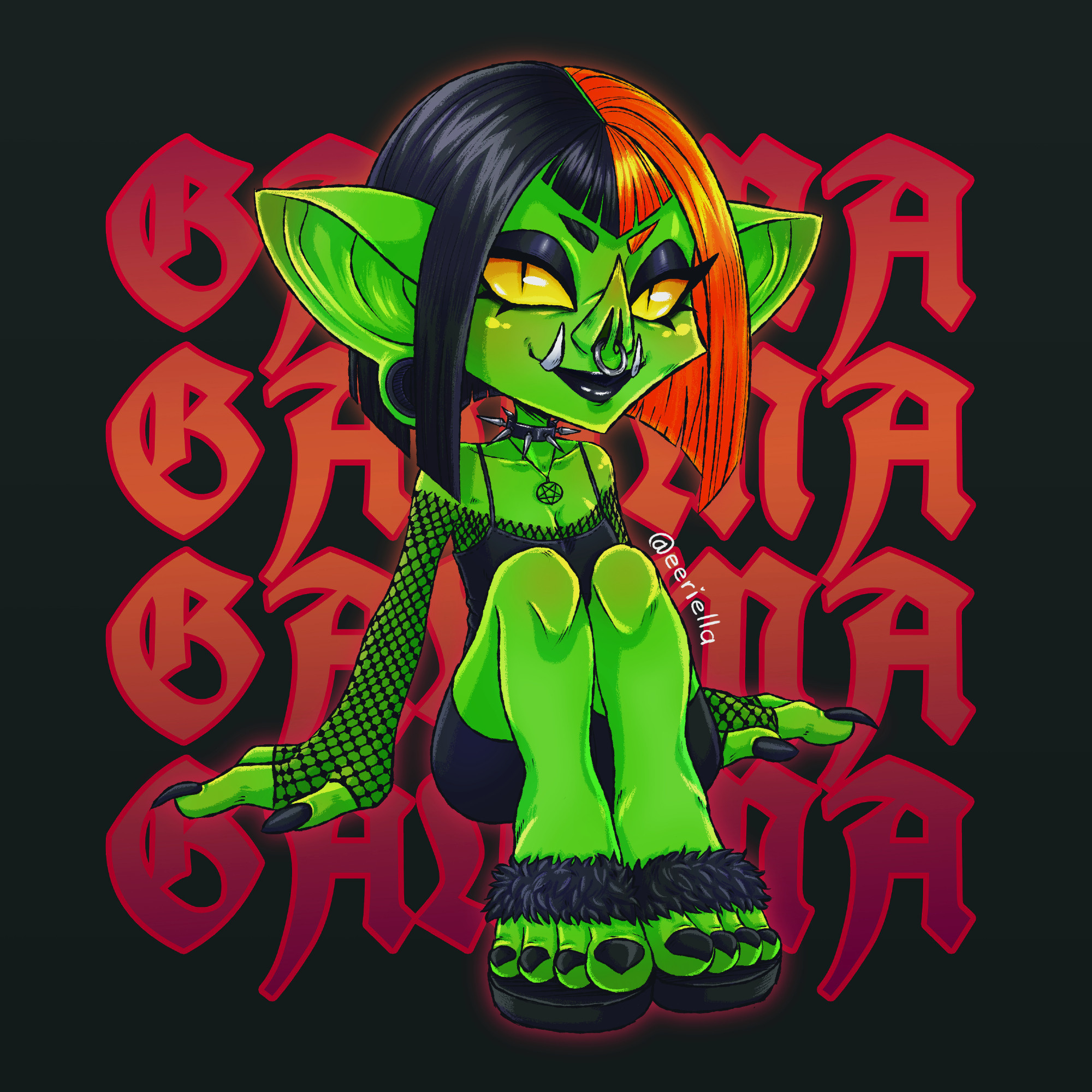 Cartoon style goth goblin girl with split dyed orange and black hair sitting. Graphic text background reads Gamma. She's wearing spiked collar, fishnet sleeves, black top, shorts and fuzzy sandals.