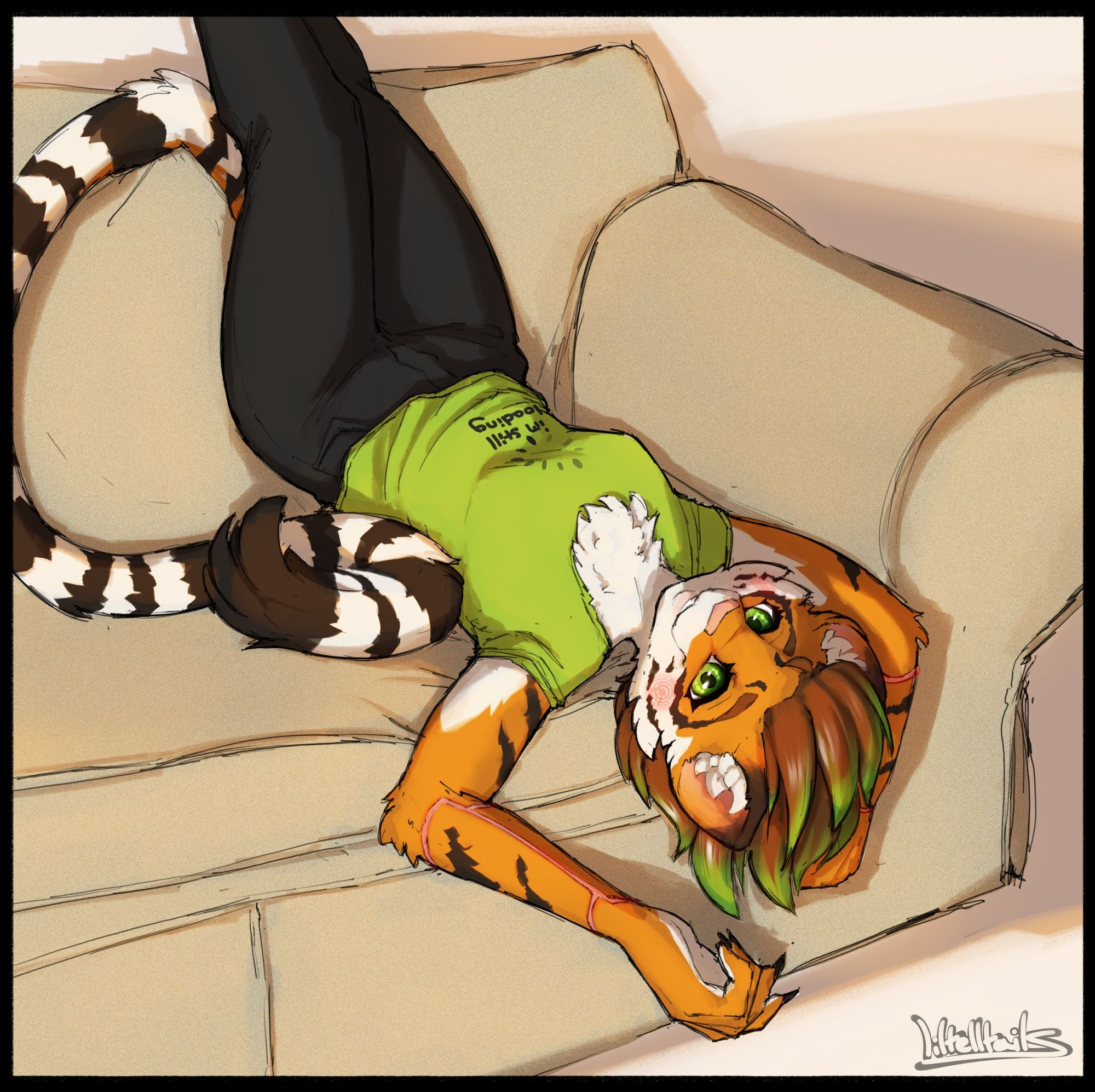 An anthro tiger sitting upside down on a couch with a green "I'm still loading" shirt on. The glowing symbols on her cheeks and lines on her arms suggest she's more than just organic however