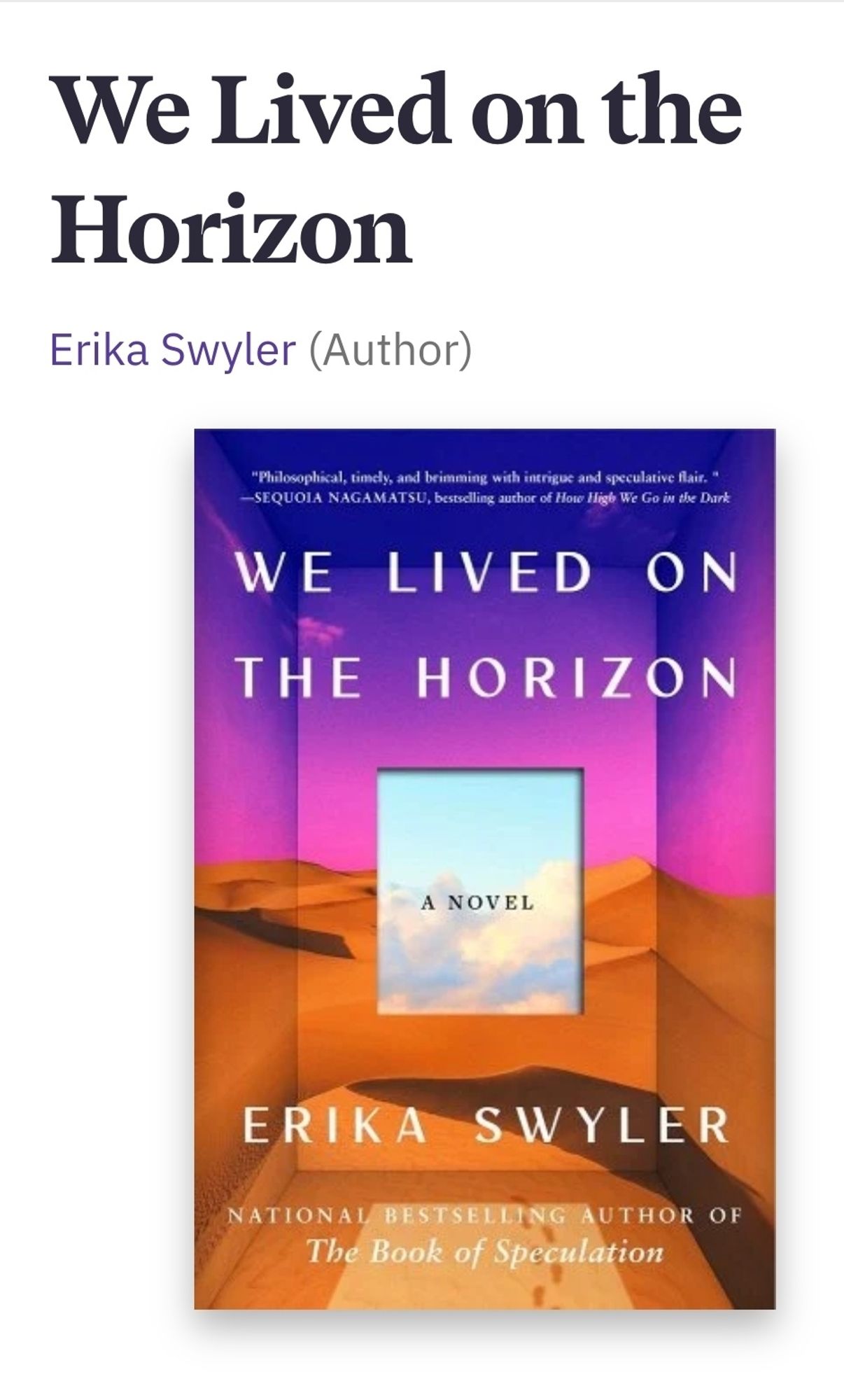 Cover art for Erika Swylers January 14 pub date novel,  WE LIVED ON THE HORIZON.