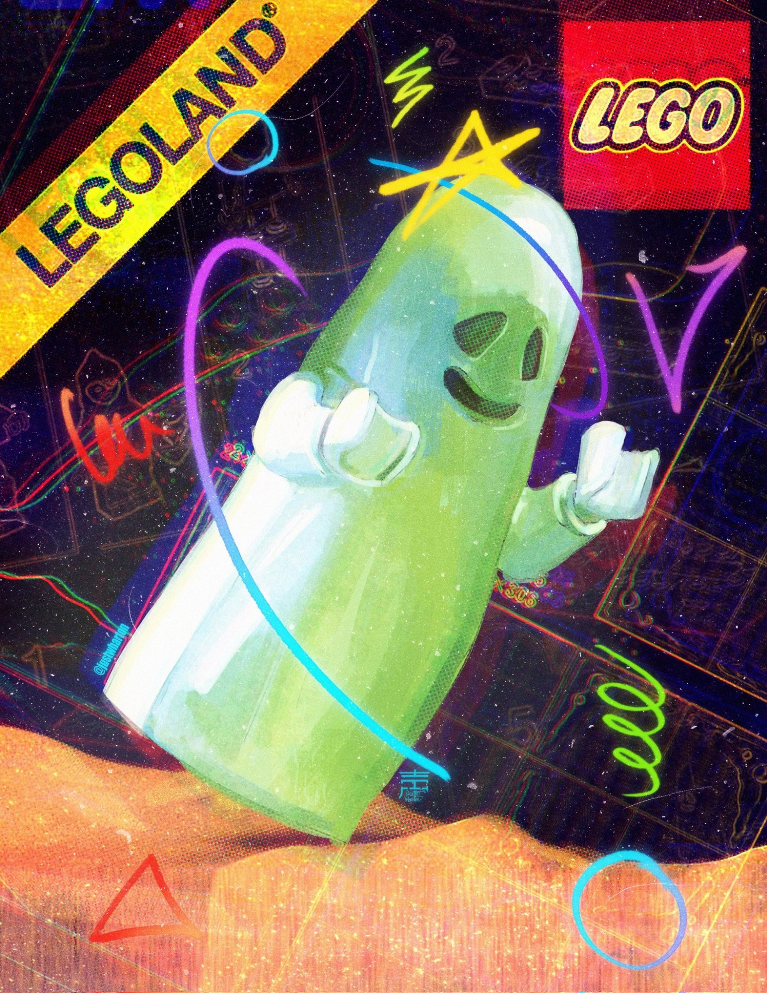 Vaporwave paintong of the lego ghost