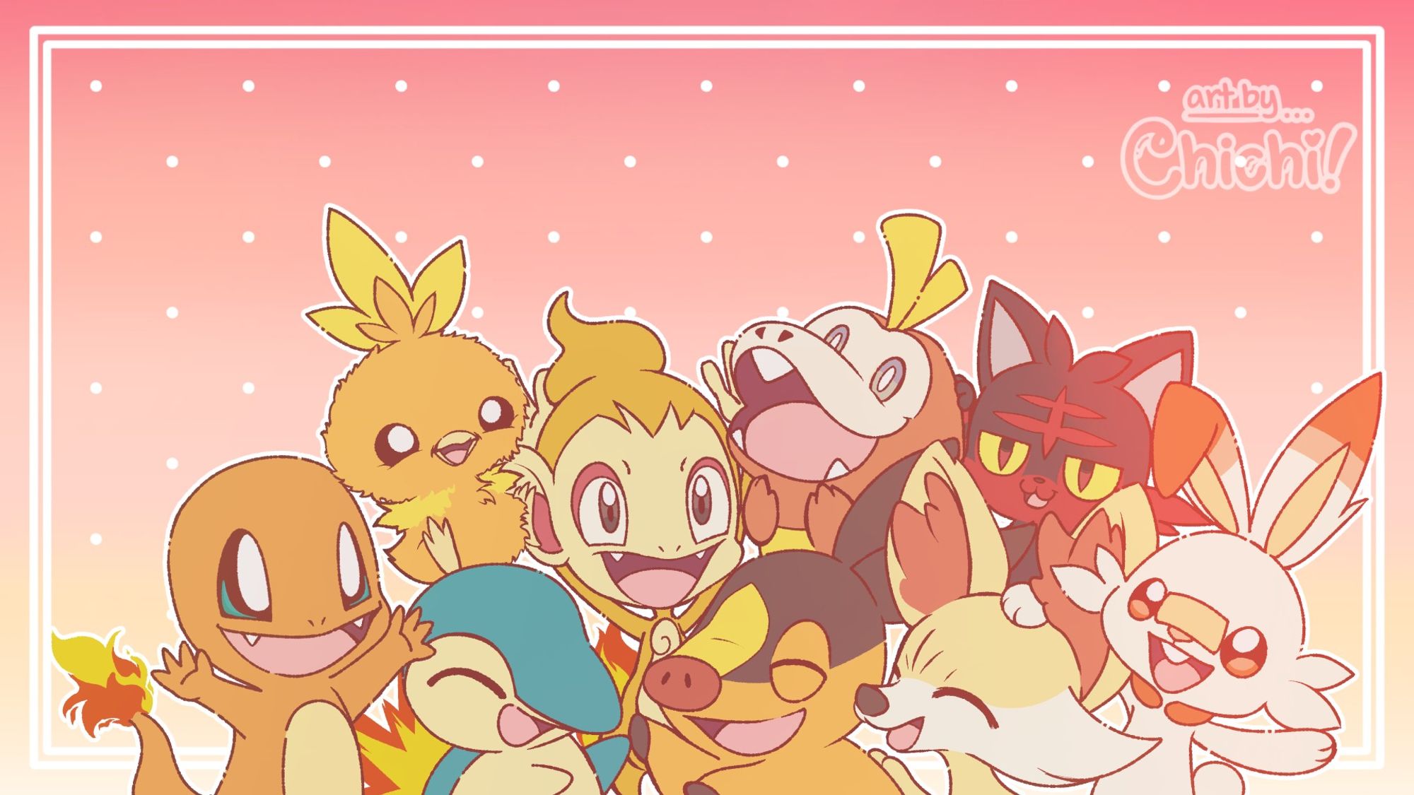 Wallpaper featuring all of the fire starter Pokémon, bundled in a group together posing for a photo. There's Charmander, Torchic, Cyndaquil, Chimchar, Tepig, Litten, Fuecoco, Scorbunny and Fennekin!