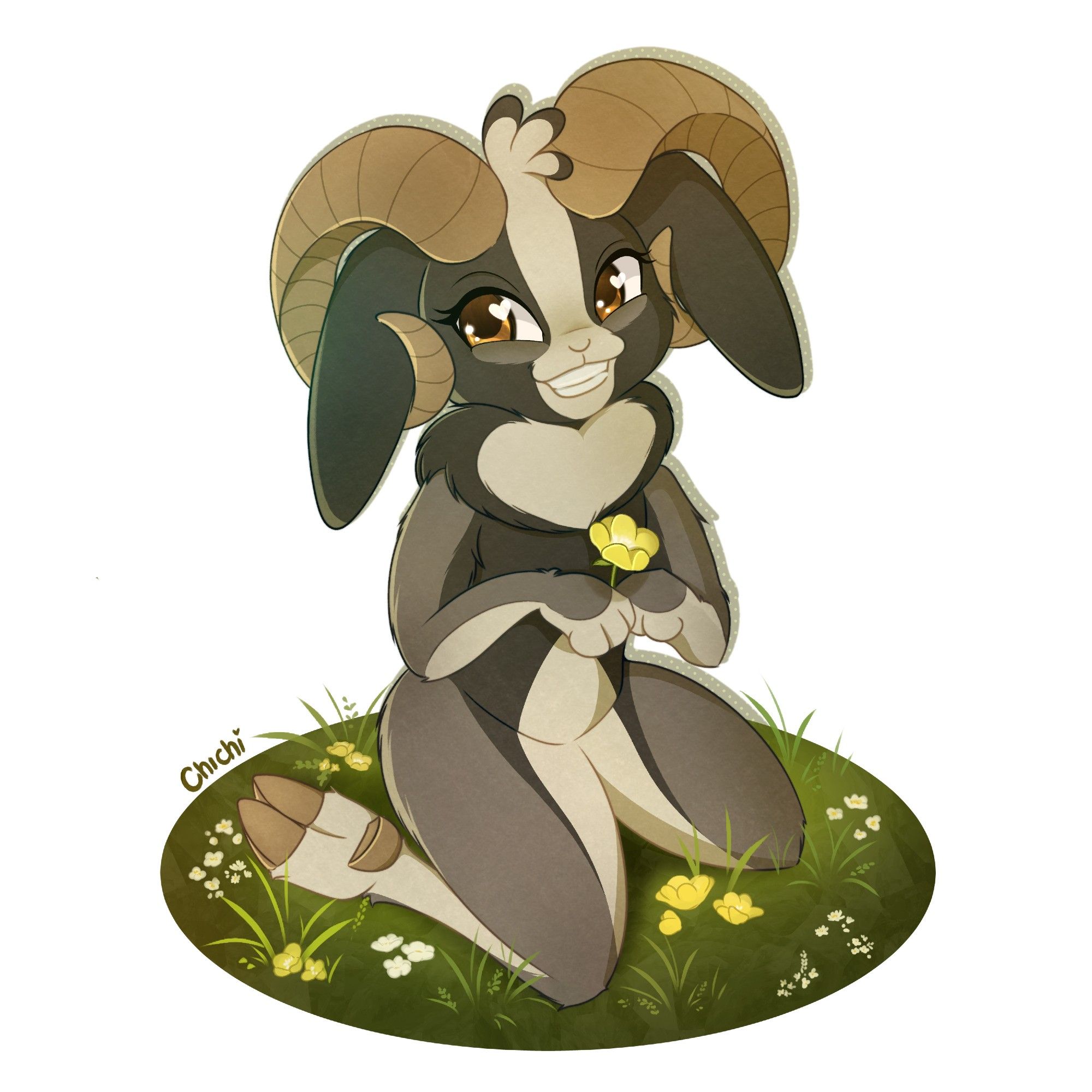 Heather! She's a sheep/rabbit jackalope kneeling in the grass, smiling and holding up a yellow flower.