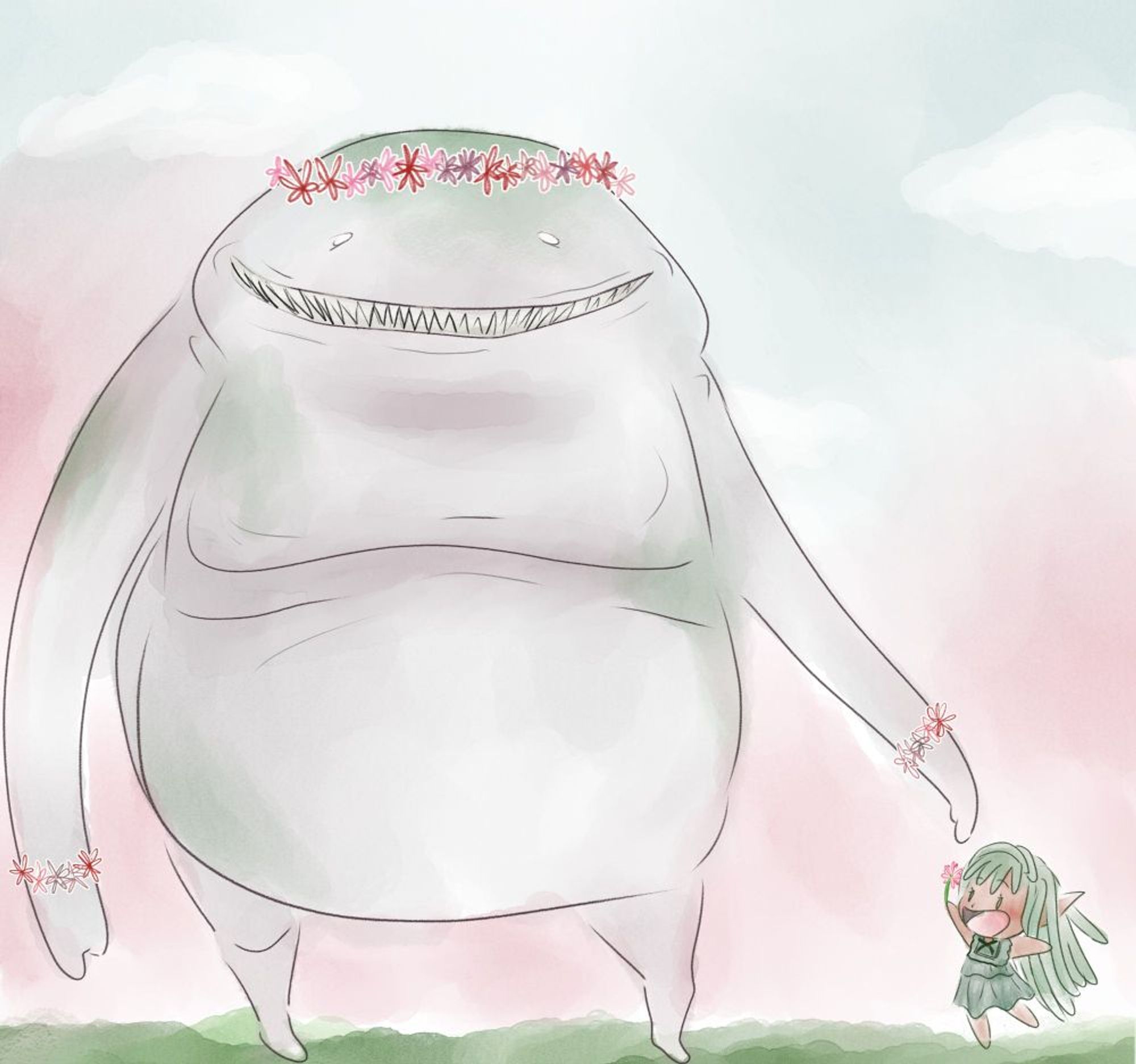 a BIG Goobbue! This one is named Peatie and he's wearing flower crown with a tiny lalafell with green dreadlocs