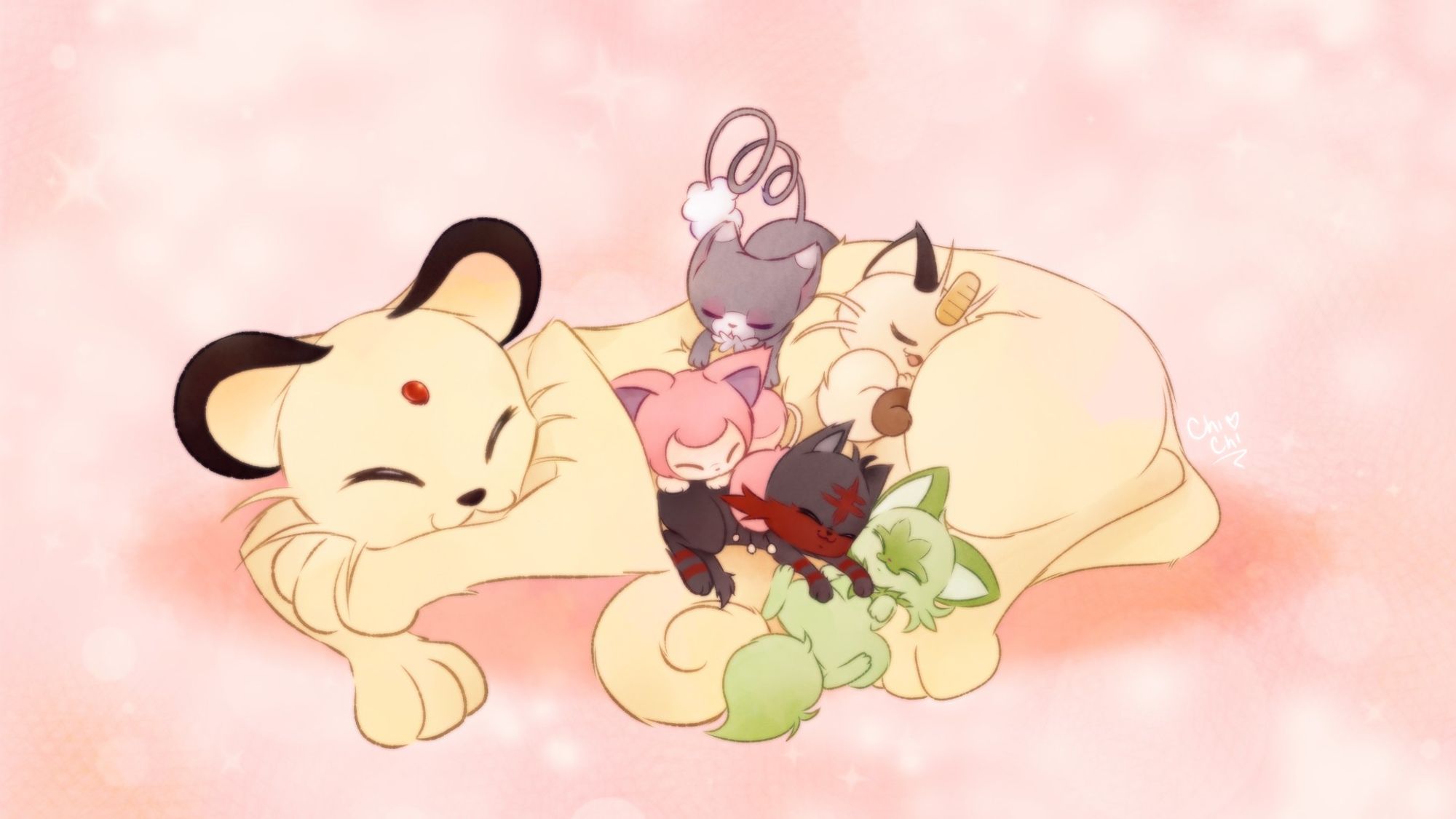 Fanart of a bunch of cat-like pokemon taking a nap together, they are all cuddled up on top of a Persian, and the other pokemon included are Glameow, Skitty, Meowth, Litten, and Sprigatito