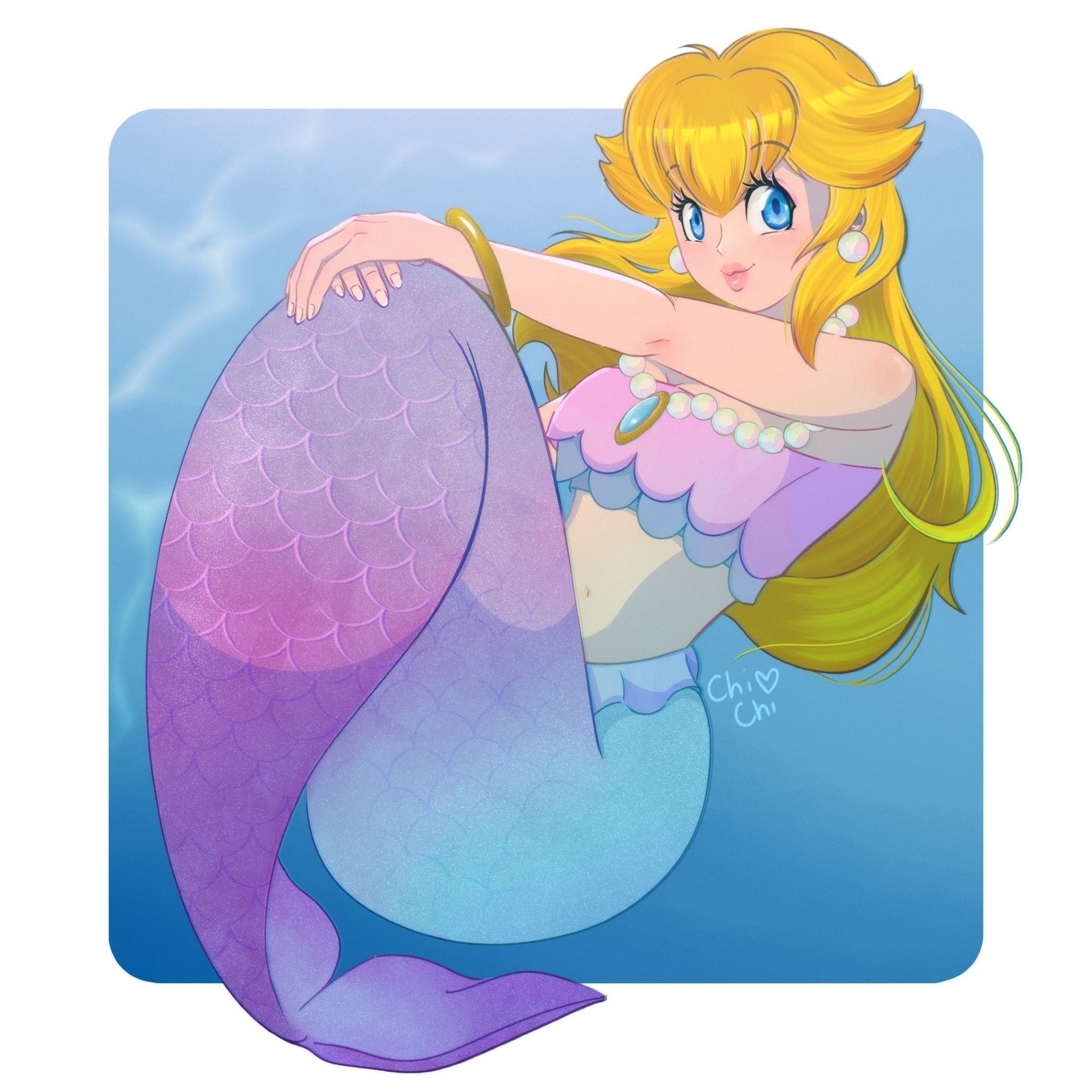 Fanart of Princess Peach as a mermaid from showtime. She's floating in water in a seated position with her hands on her fin.