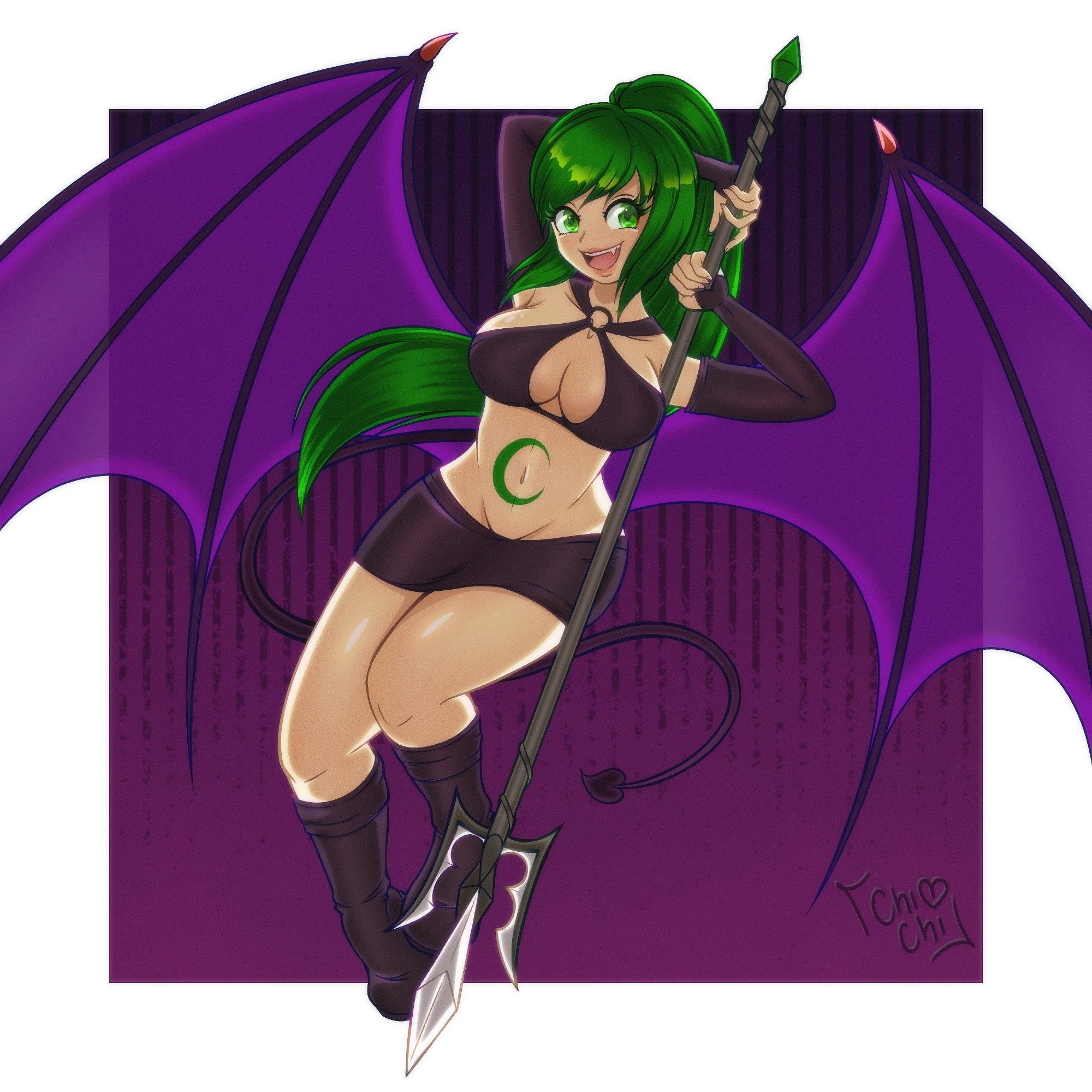 Digital art of Conde Milenario's OC Lillith! She's a vampire with purple wings, wields a spear and has green hair, and a green moon emblem on her stomach, matching her green hair.