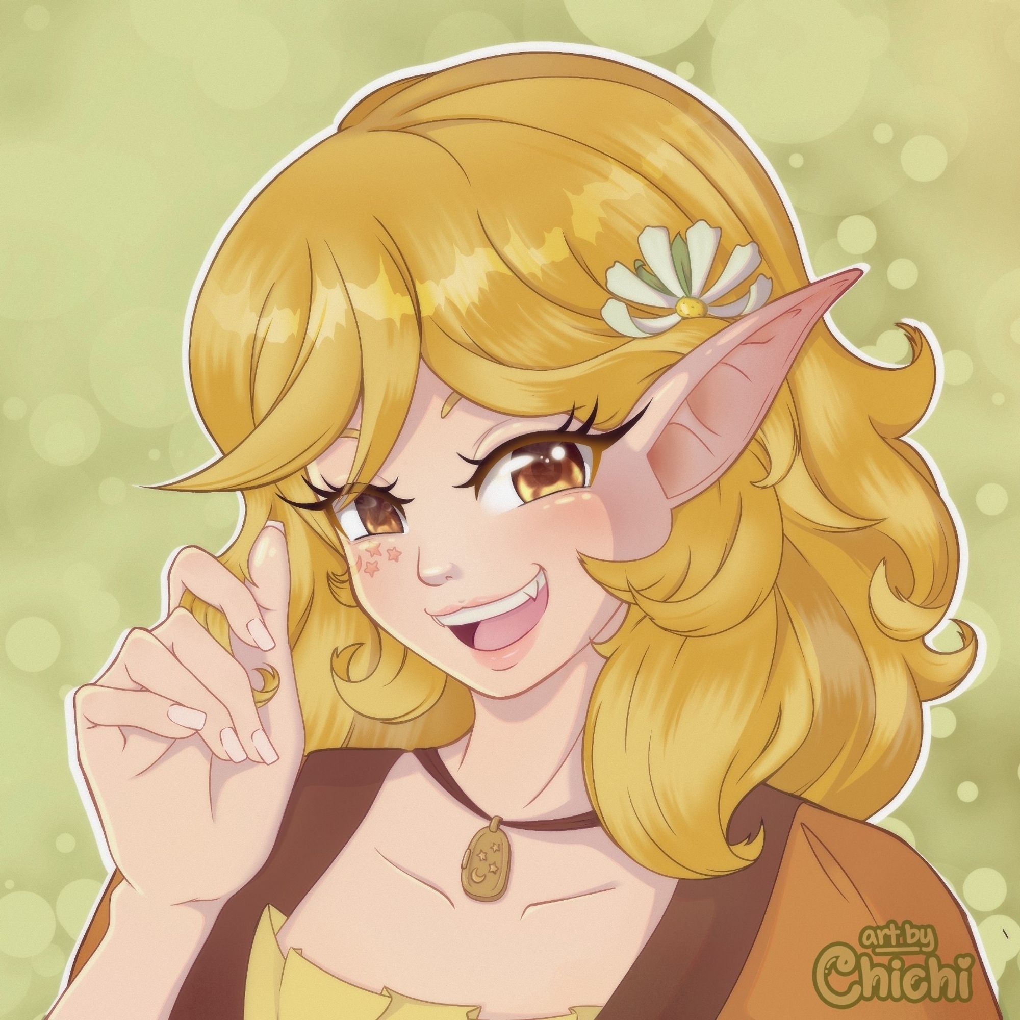 A commission of Raichana's OC Ciella! She's a blonde elf and is twirling a strand of hair with a flower in her hair.