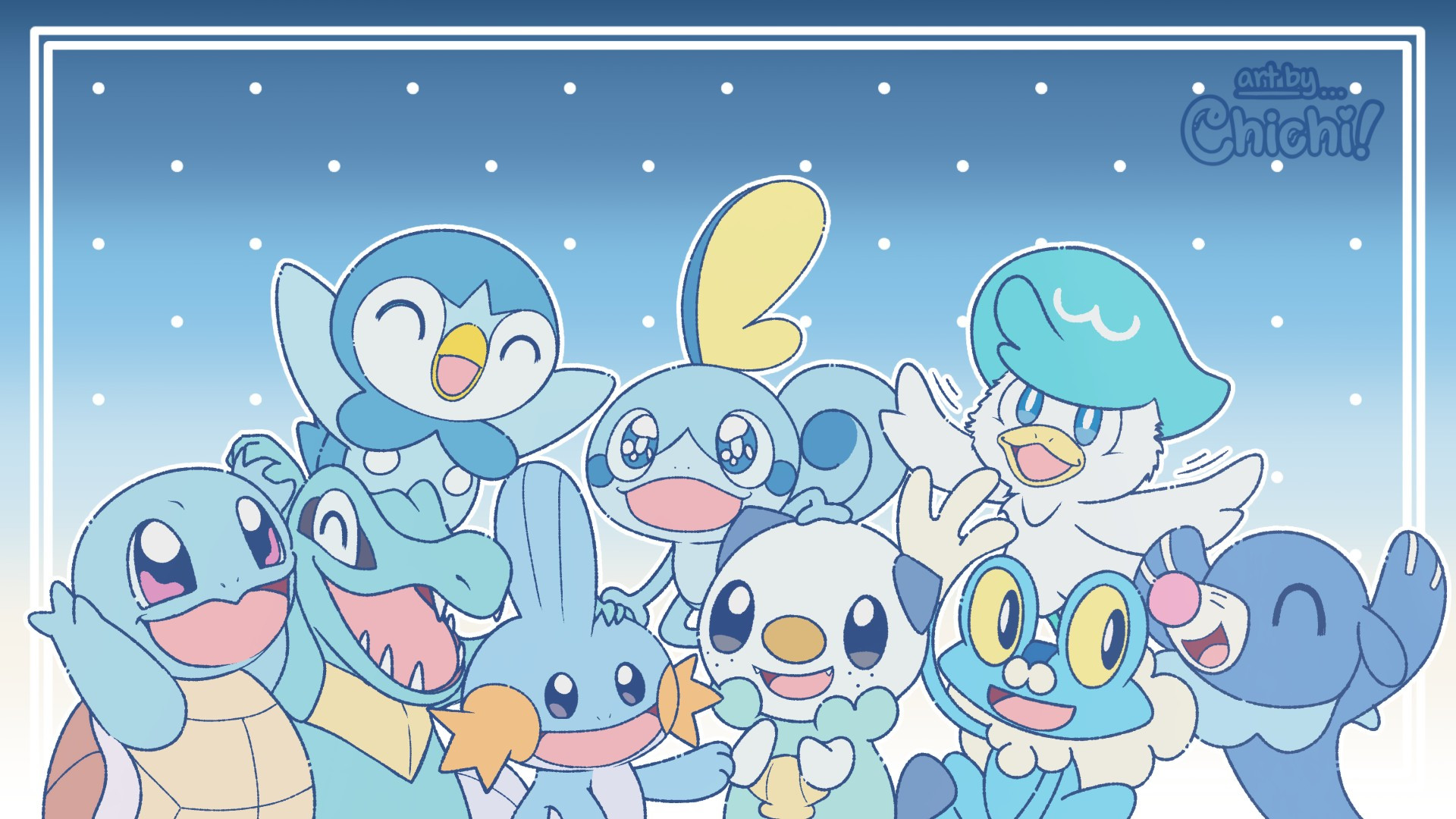 Wallpaper featuring all of the water starter Pokémon, bundled in a group together posing for a photo. There's Squirtle, Totodile, Mudkip, Piplup, Oshawott, Froakie, Popplio, Sobble and Quaxly!