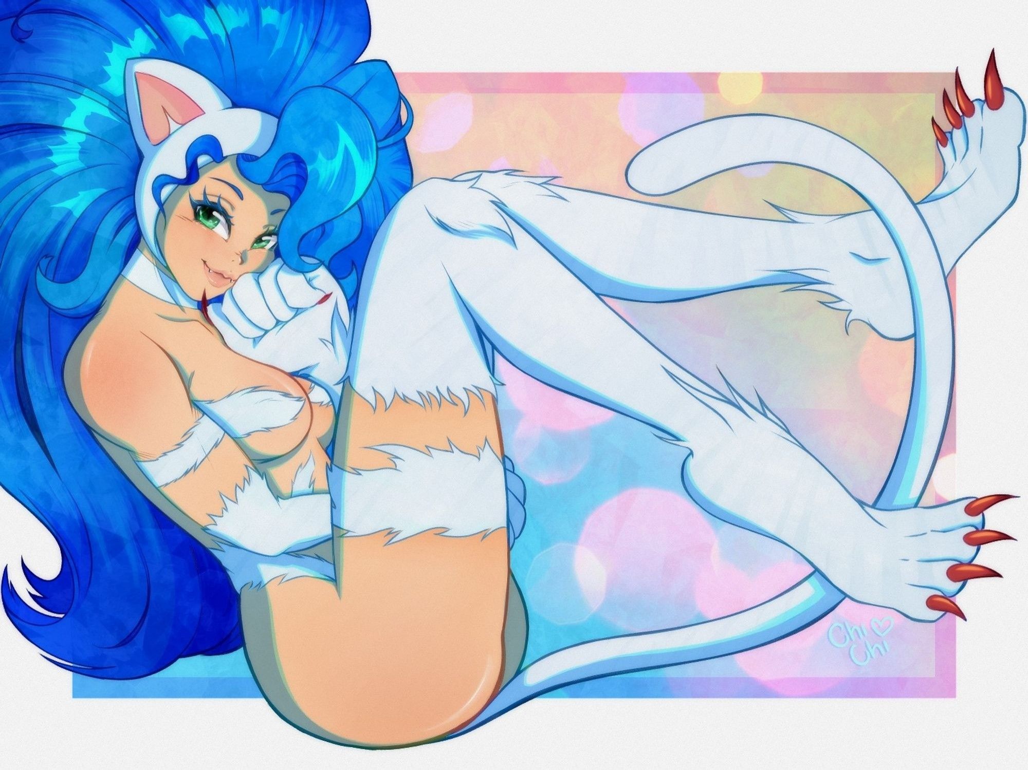 Fanart of Felicia from the Darkstalkers series. She's leaning back against the frame of the picture, has flowing blue hair and white cat ears, paws and a tail.