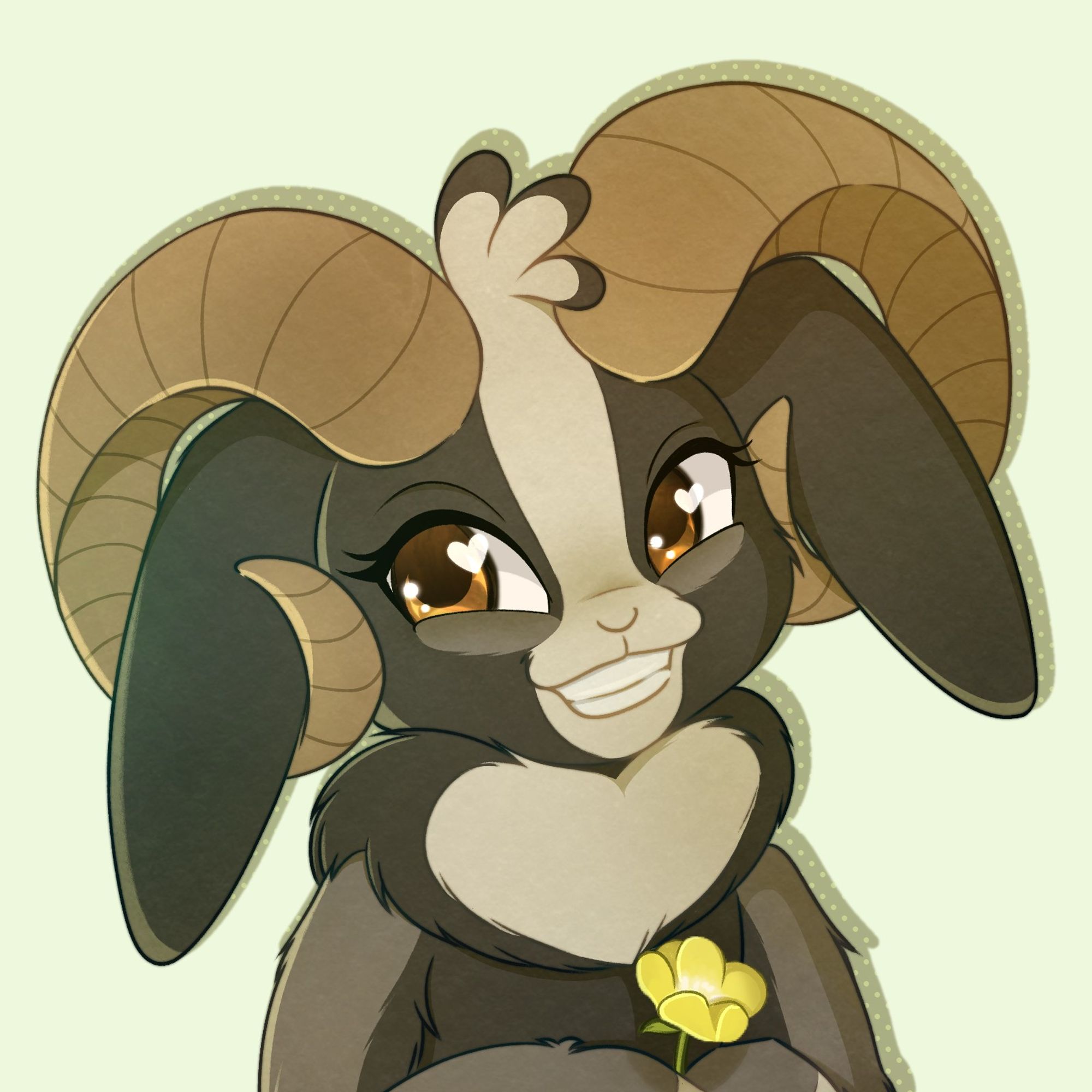 Heather! She's a sheep/rabbit jackalope smiling and holding up a yellow flower. This one is zoomed in