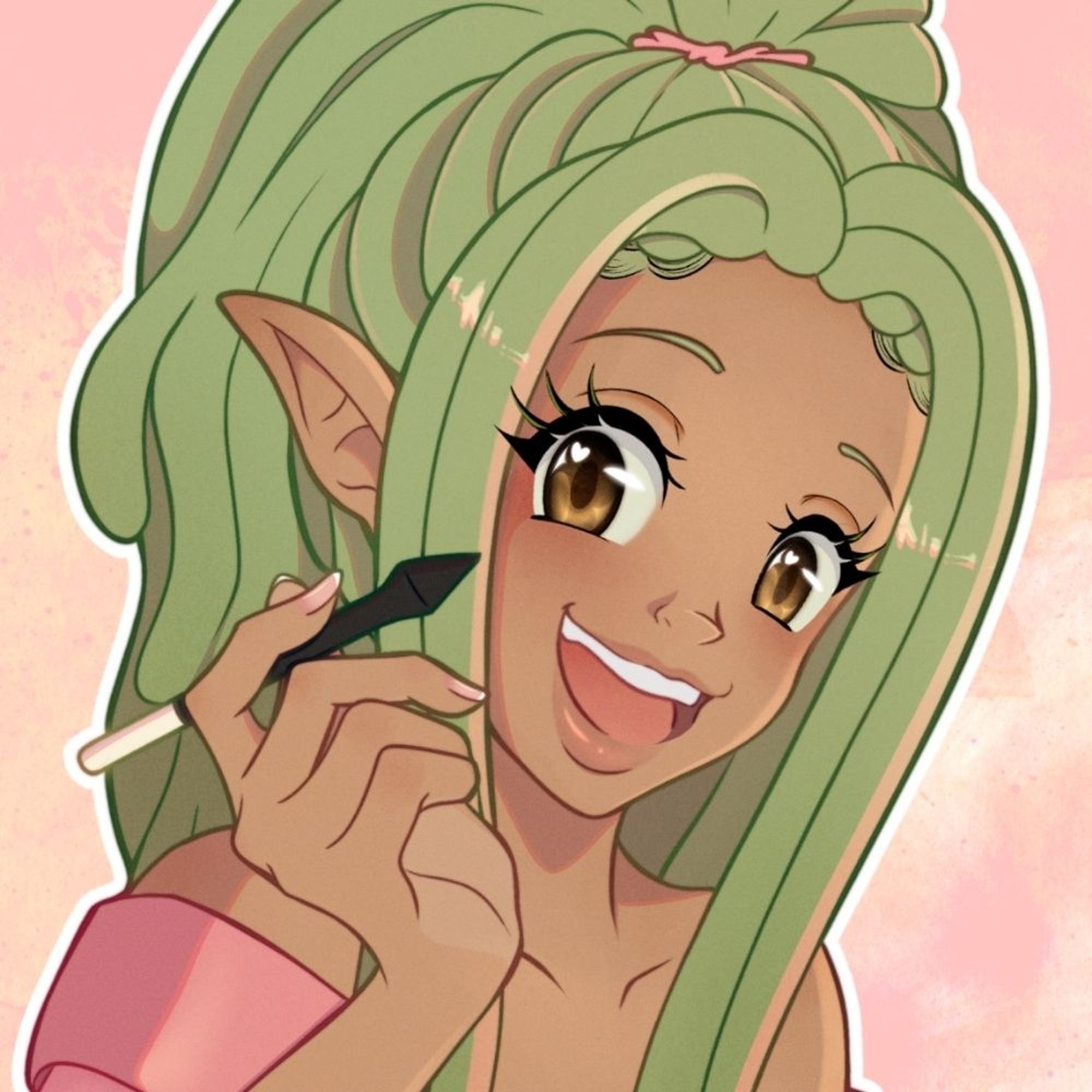 My OC and art persona Chichi! She's an elf with brown skin, green dreadlocks and is smiling while holding a Wacom pen.