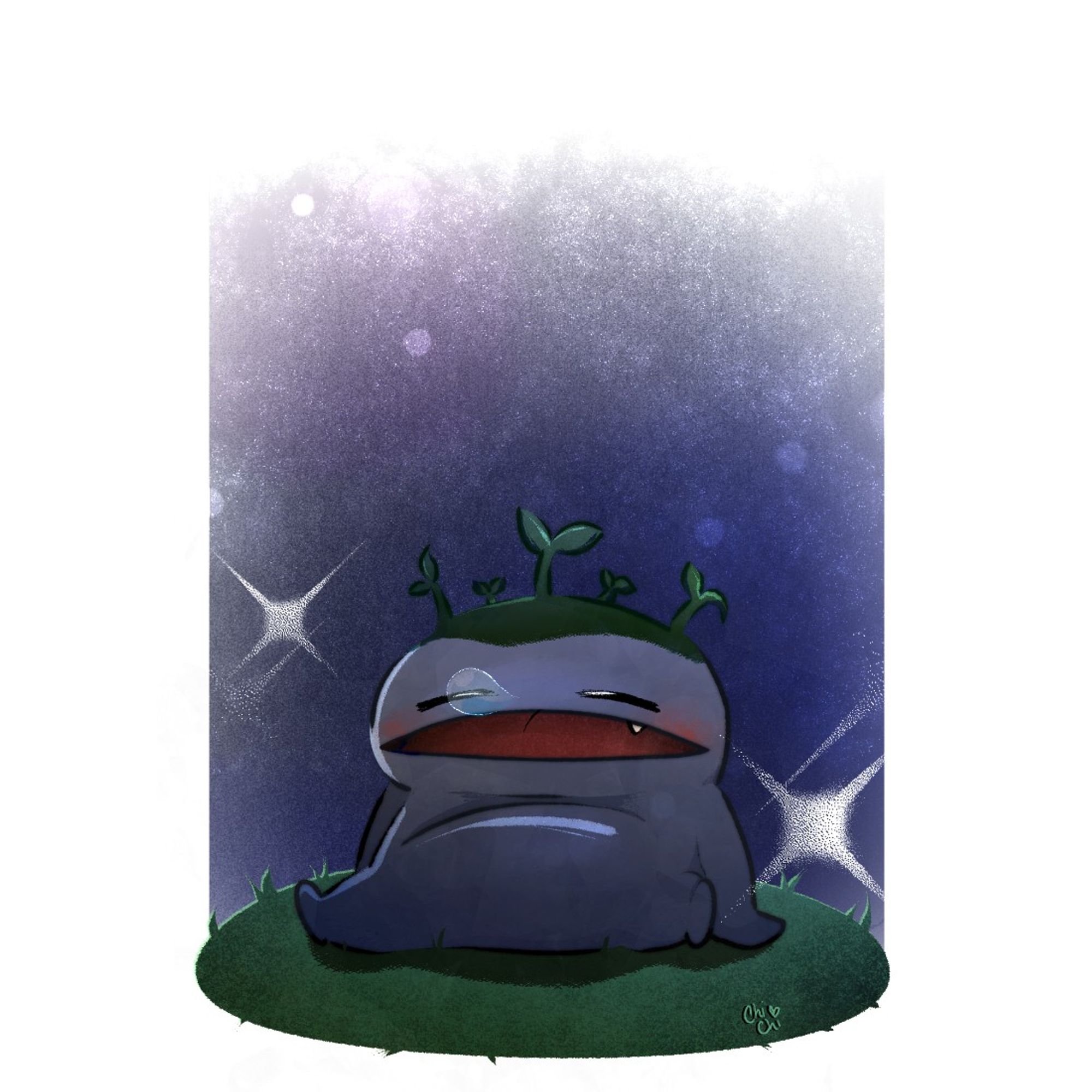 a goobbue sproutling taking a nap. It's a monster from FFXIV with little grass sprouting on his head