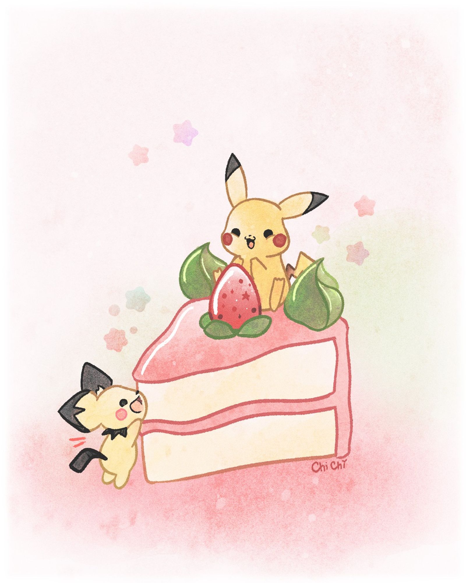 Pikachu sitting on a slice of pink cake with Pichu cheering him on