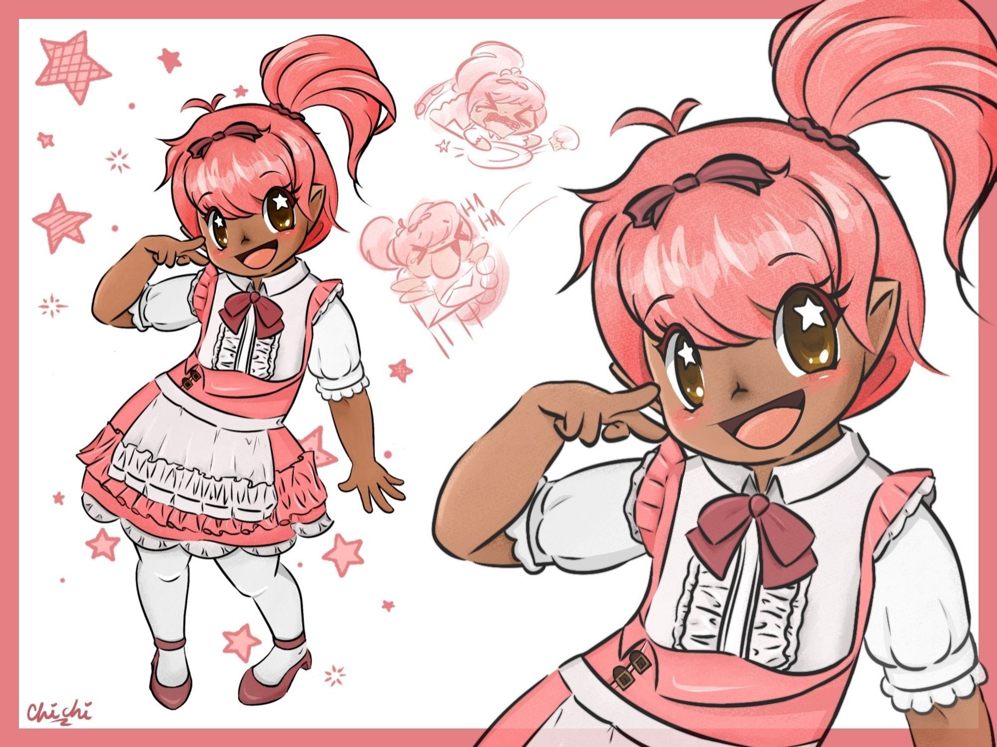 Drawing of my lalafell Chichi! Lalafell are like dwarf-sized elves from the game FFXIV. They have pink hair, and are wearing a pink maid outfit.