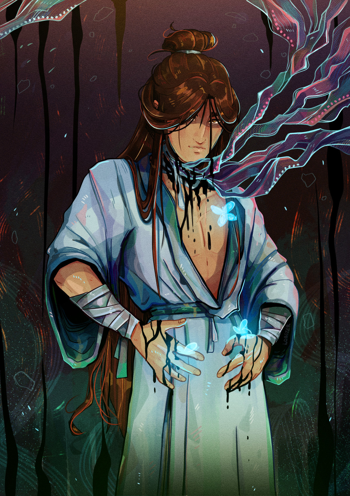 Heaven Official's blessing fan art. Xie Lian stands with robes loosely undone, head slightly down,  shoulders hunched, and hands by his waist as black good drips from his cursed shackle. Pink and green wisps of smoke emerge from the neck and wrap around out of frame. ( Weird black good not really canon, just love a bit of black goo )