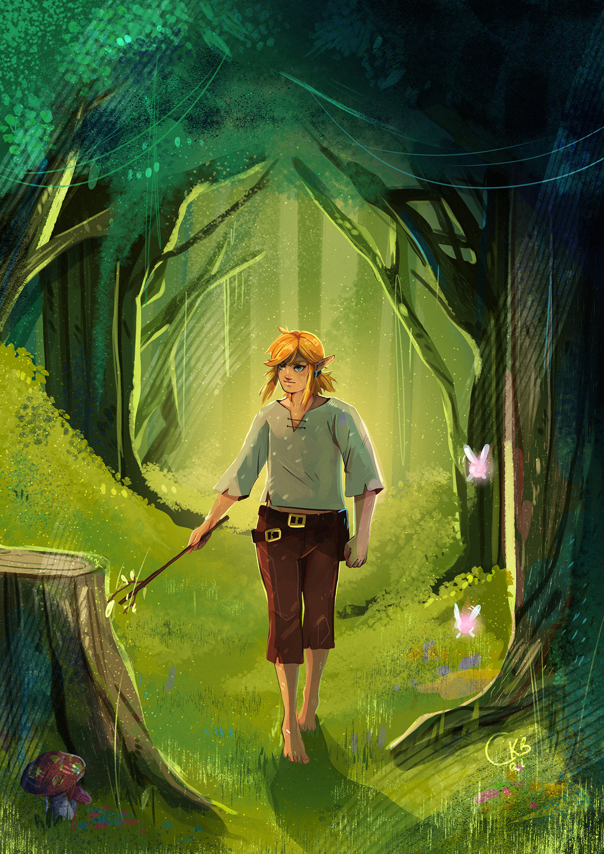 Breath of the wild Link wearing simple clothing walks through a green forest. He has a stick in his hand that is lightly scraping past a tree trunk. 