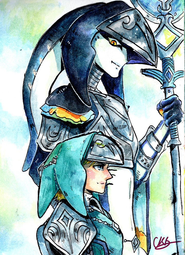 Water colour fanart of Breath of the wild.  Link wears the Zora armor as he looks onward, determined. He is standing next to Bazz who looks towards Link smiling.