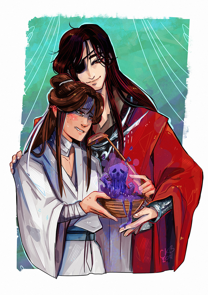 Heaven Official's Blessing fan art. Xie Lian holds a bowl of food which is morphing into a purple goo spirit. Hua Cheng leans his head towards Xie Lian whilst smiling. You know he will probs it. 