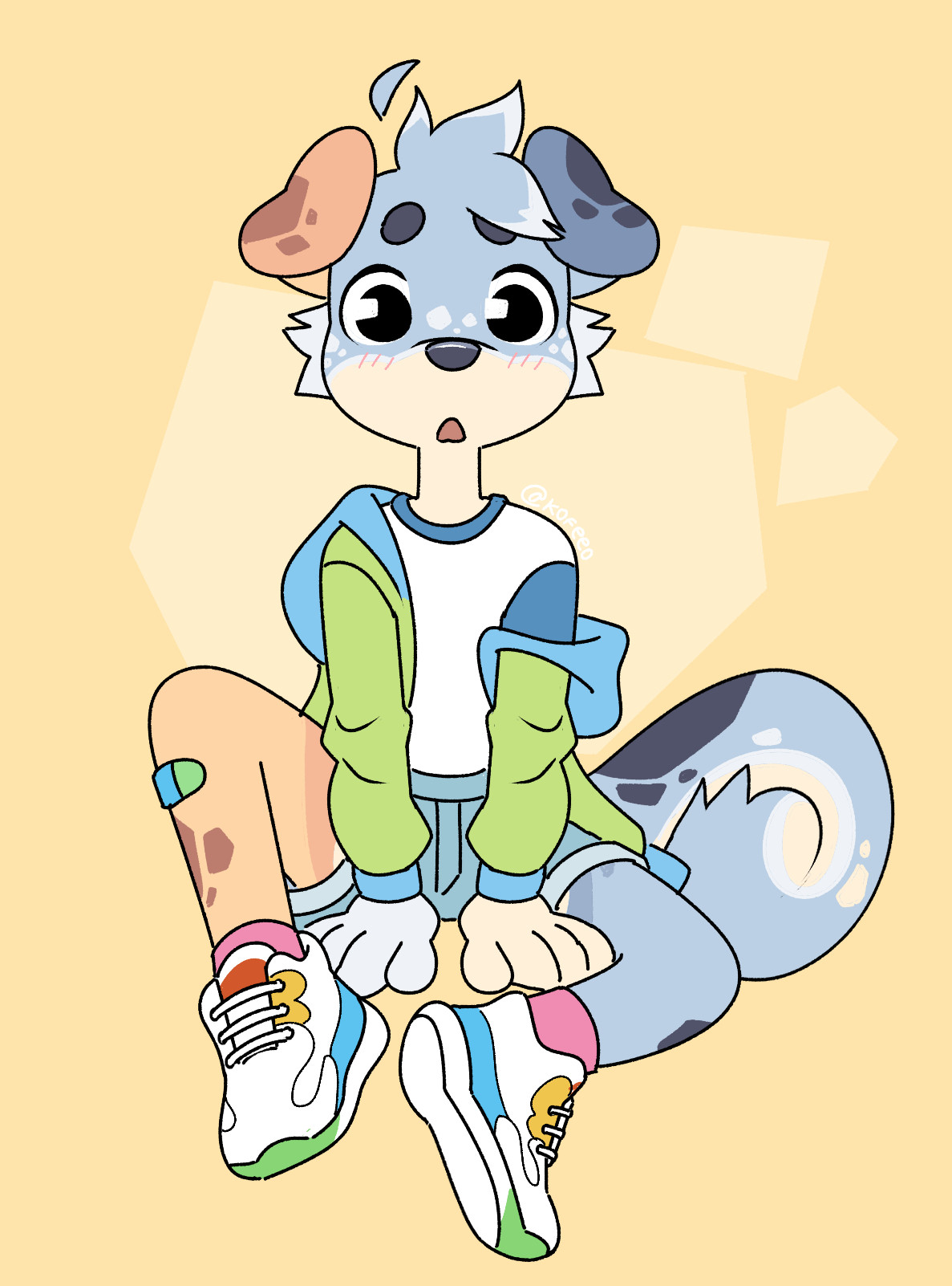 Riley, a Red and blue cattle dog. They rock a pastel look and cute outfit, including a tucked-in white shirt, short denim shorts and a big pastel jacket and a cool pair of snickers!