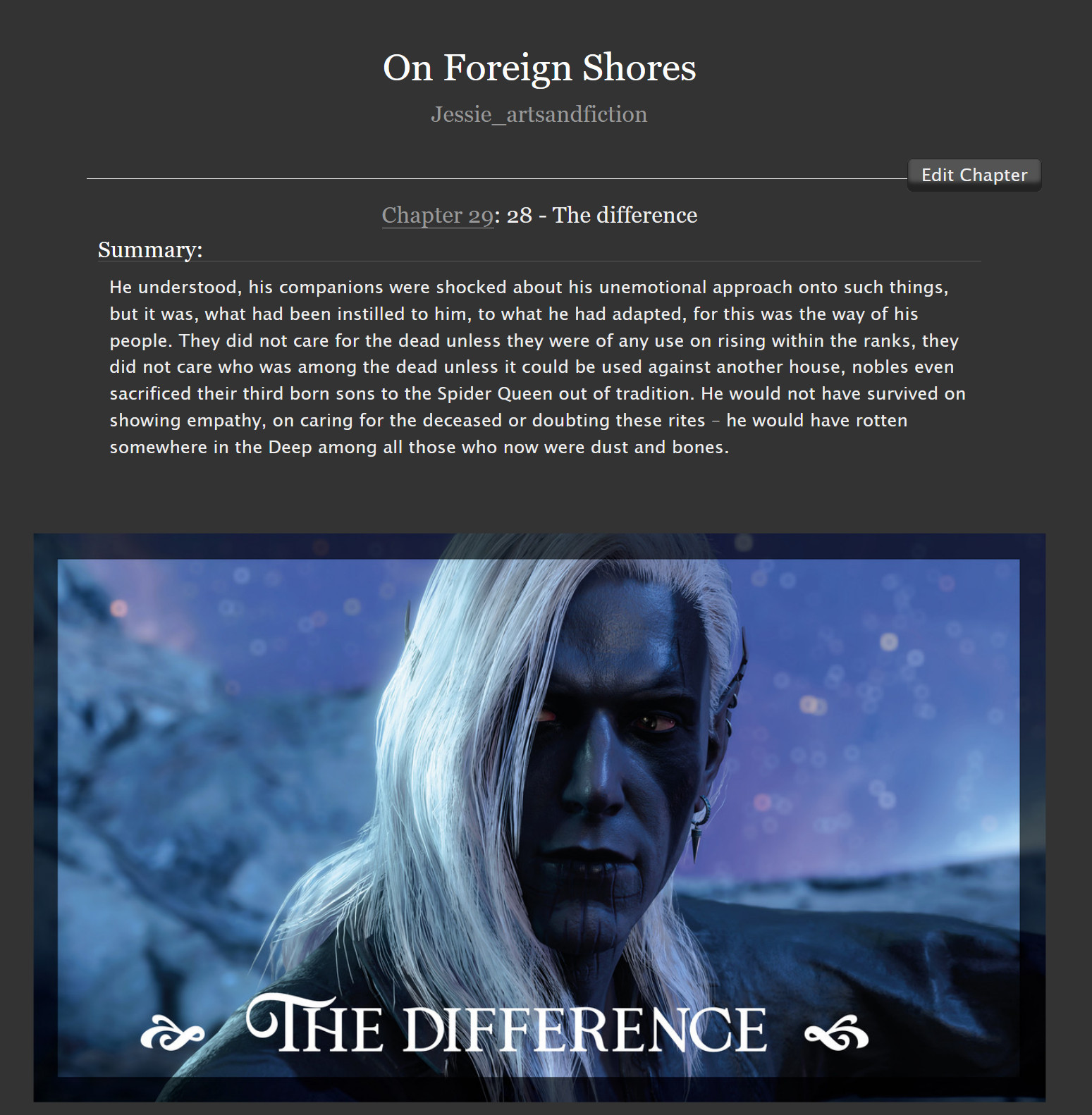 Another chaper is added to "At Foreign Shores" - my alternate story to the happenings at Baldur's Gate 3 including my OC drow fighter Shae'Zar and of course Astarion, Lae'Zel, Karlach, Gale and Halsin (plus many more). A wild ride with addition of drow lore so at lot of angst, evil matriarchy, gore and wild, feral romance.